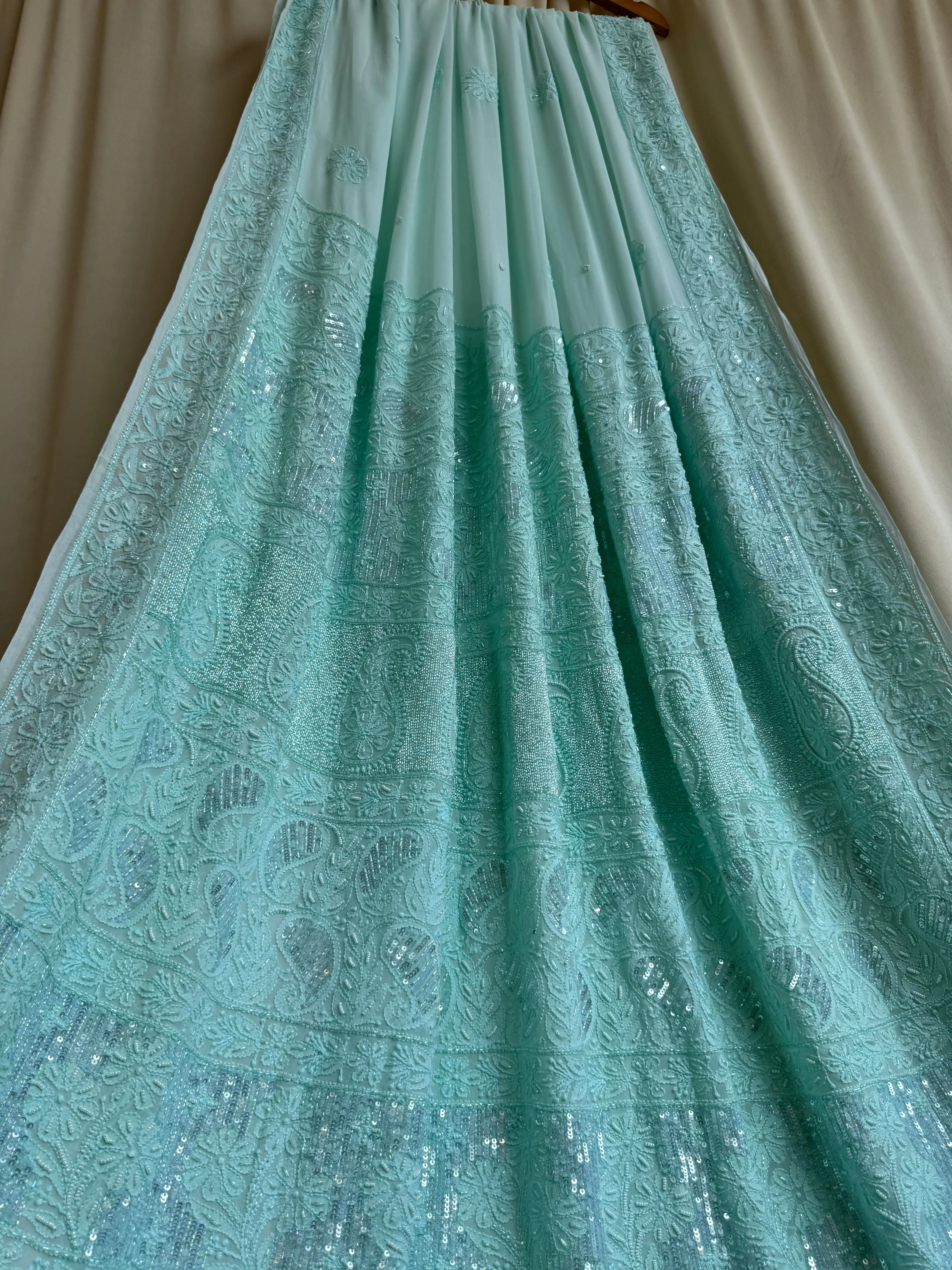 Viscose Green Chikankari saree with Pearl embellishments ARIAA CHIKANKARI