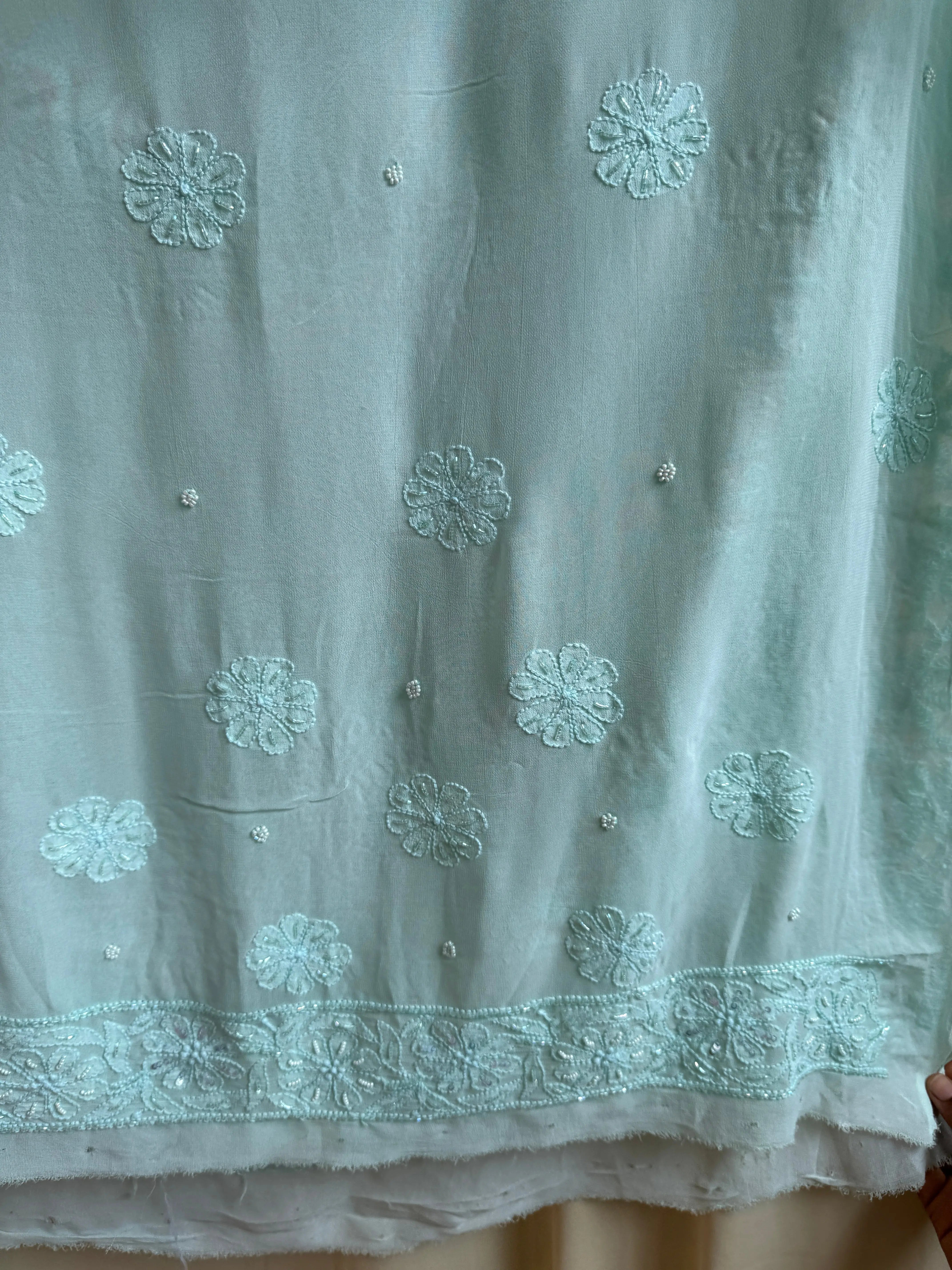 Viscose Green Chikankari saree with Pearl embellishments ARIAA CHIKANKARI