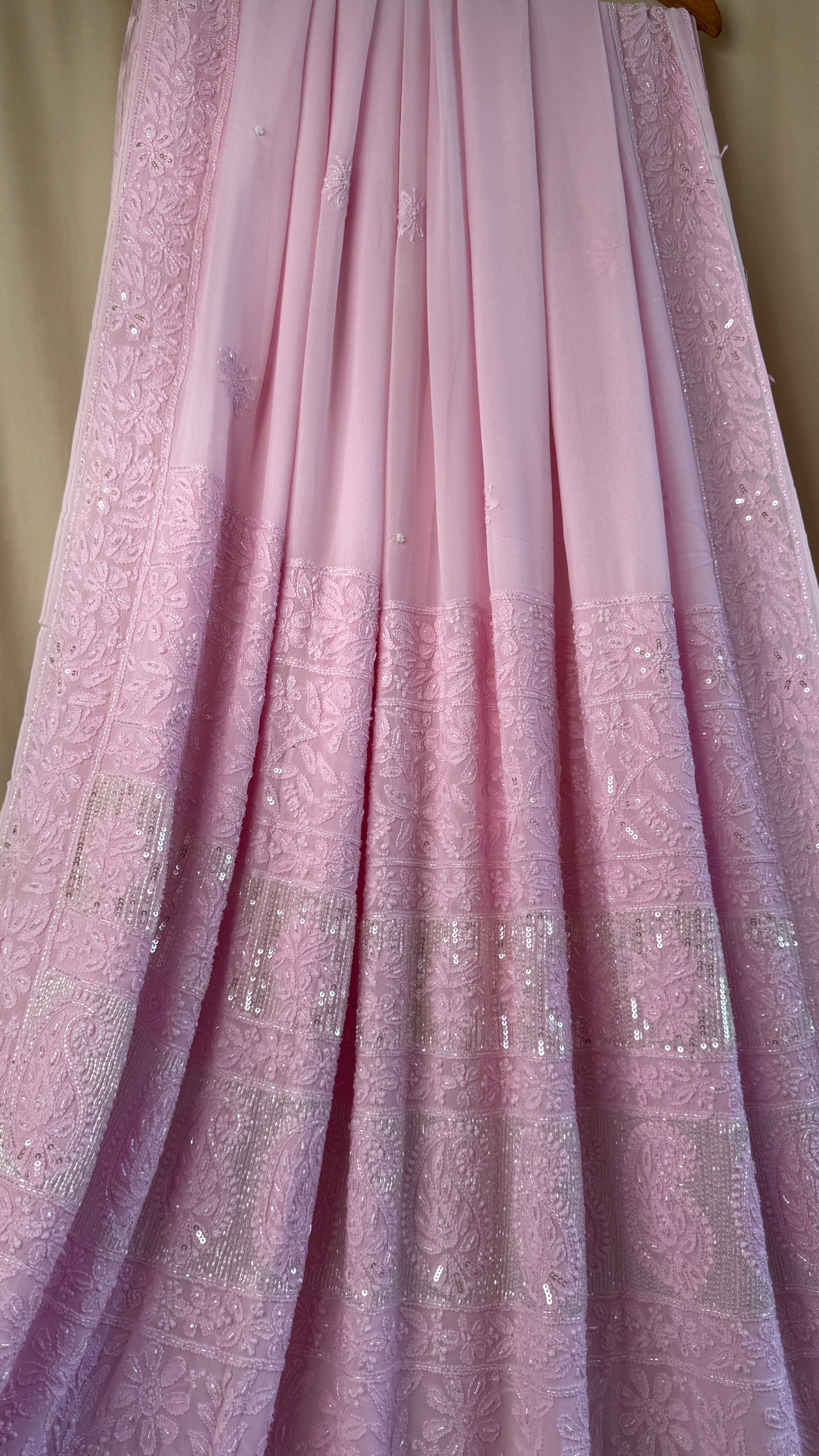 Viscose Chikankari saree with Pearl embellishments - Pink