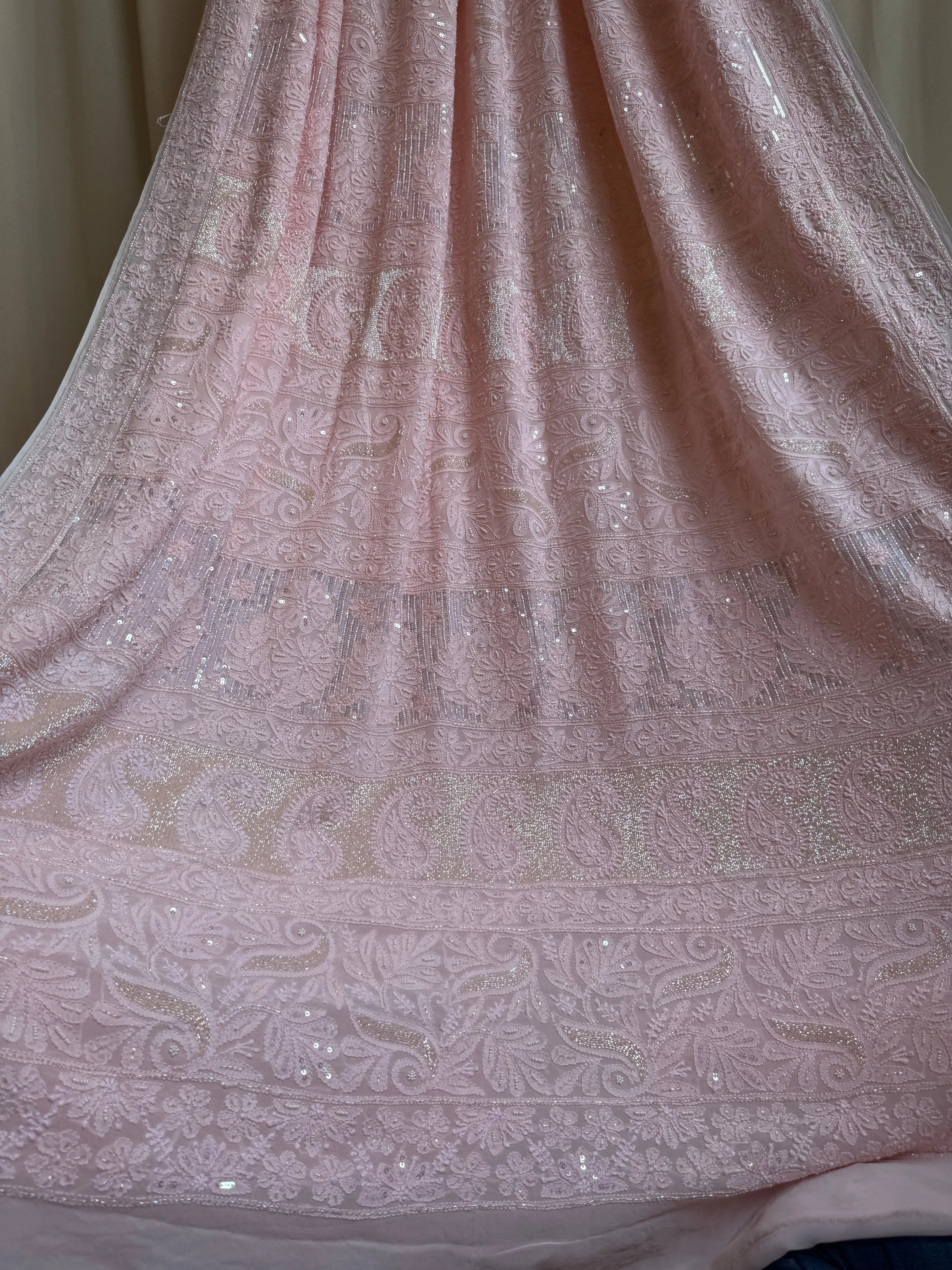 Viscose Peach Chikankari saree with Pearl embellishments ARIAA CHIKANKARI