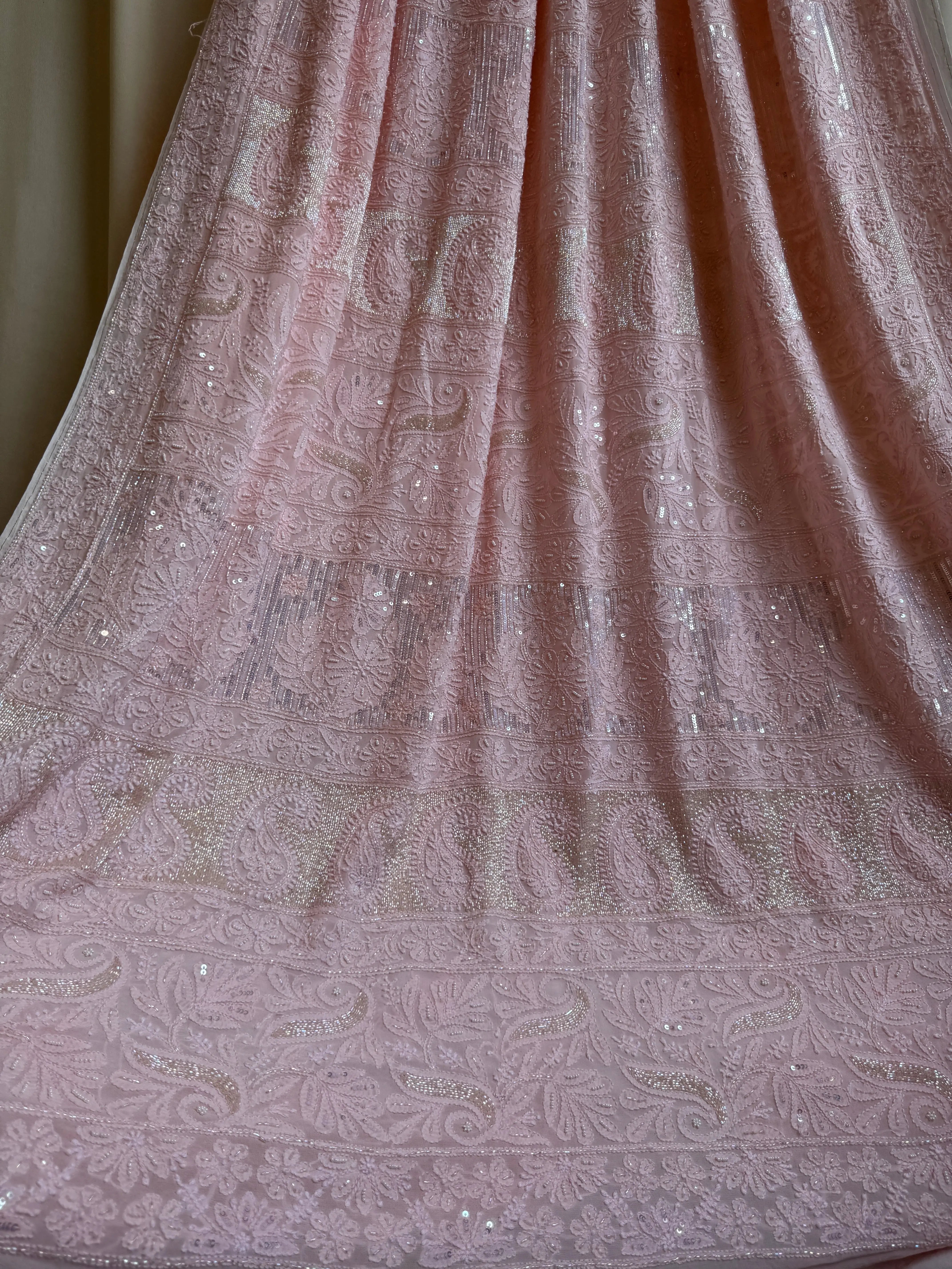Viscose Peach Chikankari saree with Pearl embellishments ARIAA CHIKANKARI