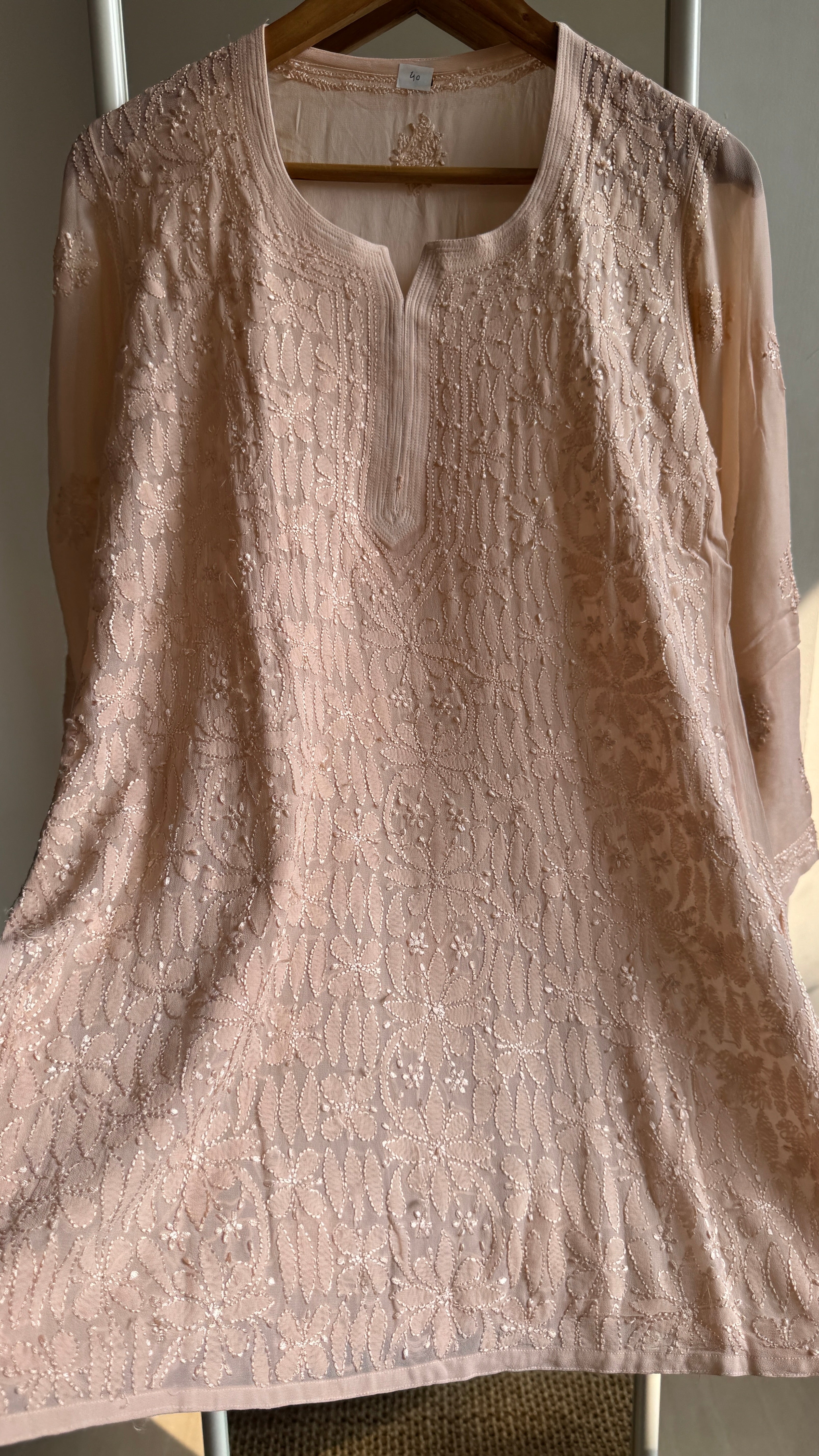 Chikankari Viscose Georgette short Top in Peach