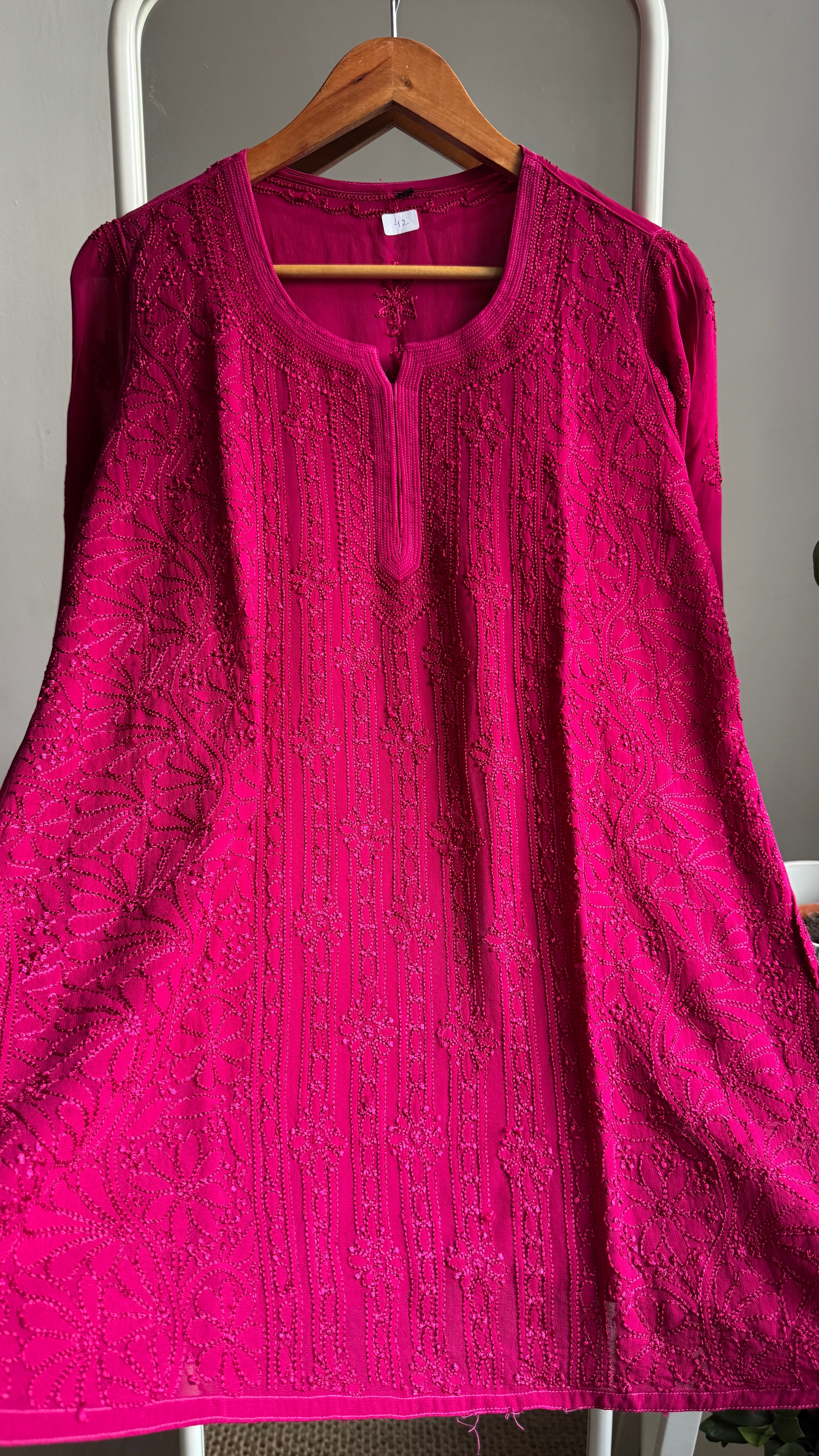 Chikankari Viscose Georgette short Top in Berry Pink