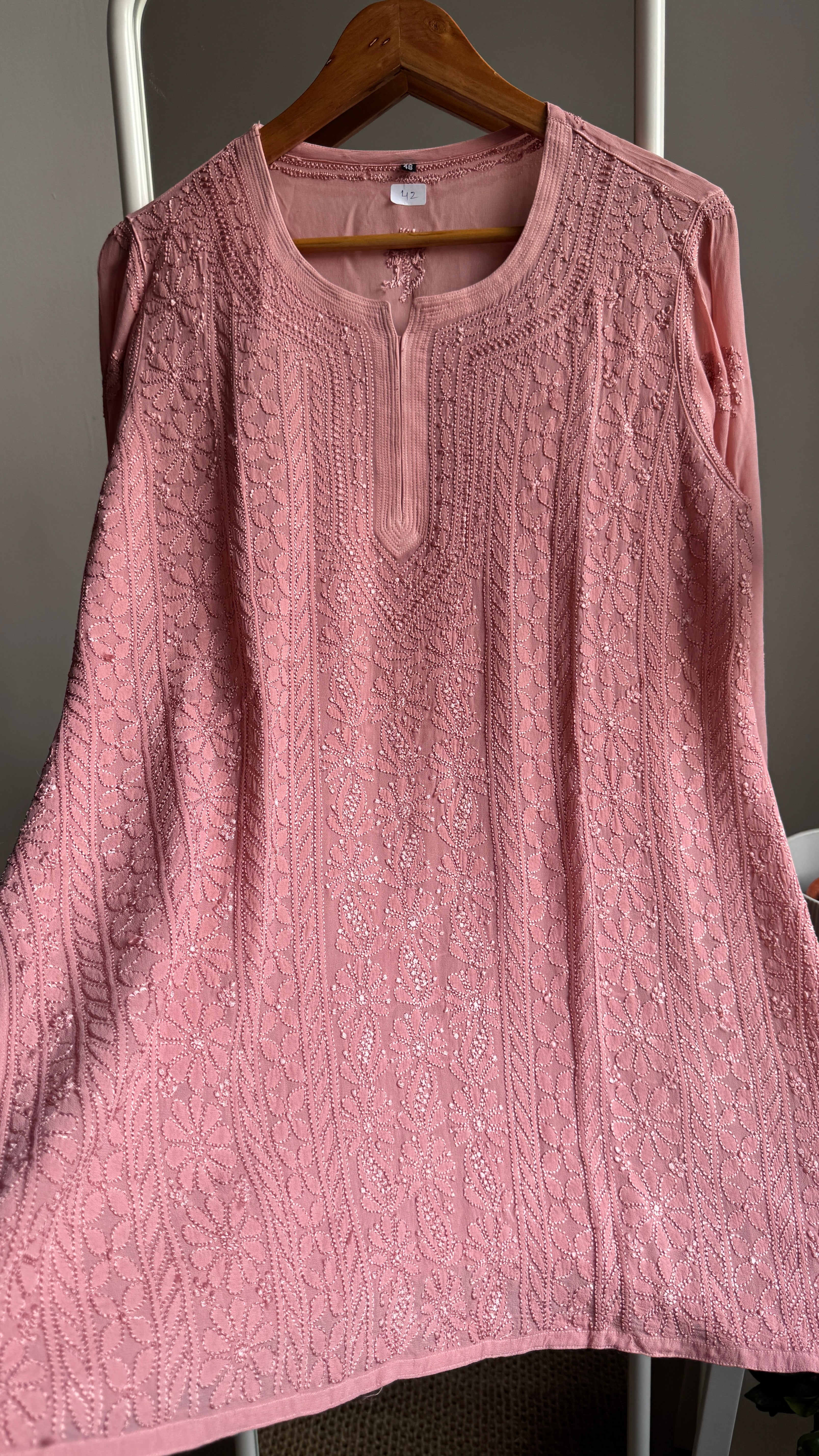 Chikankari Viscose Georgette short Top in Rosewood Pink