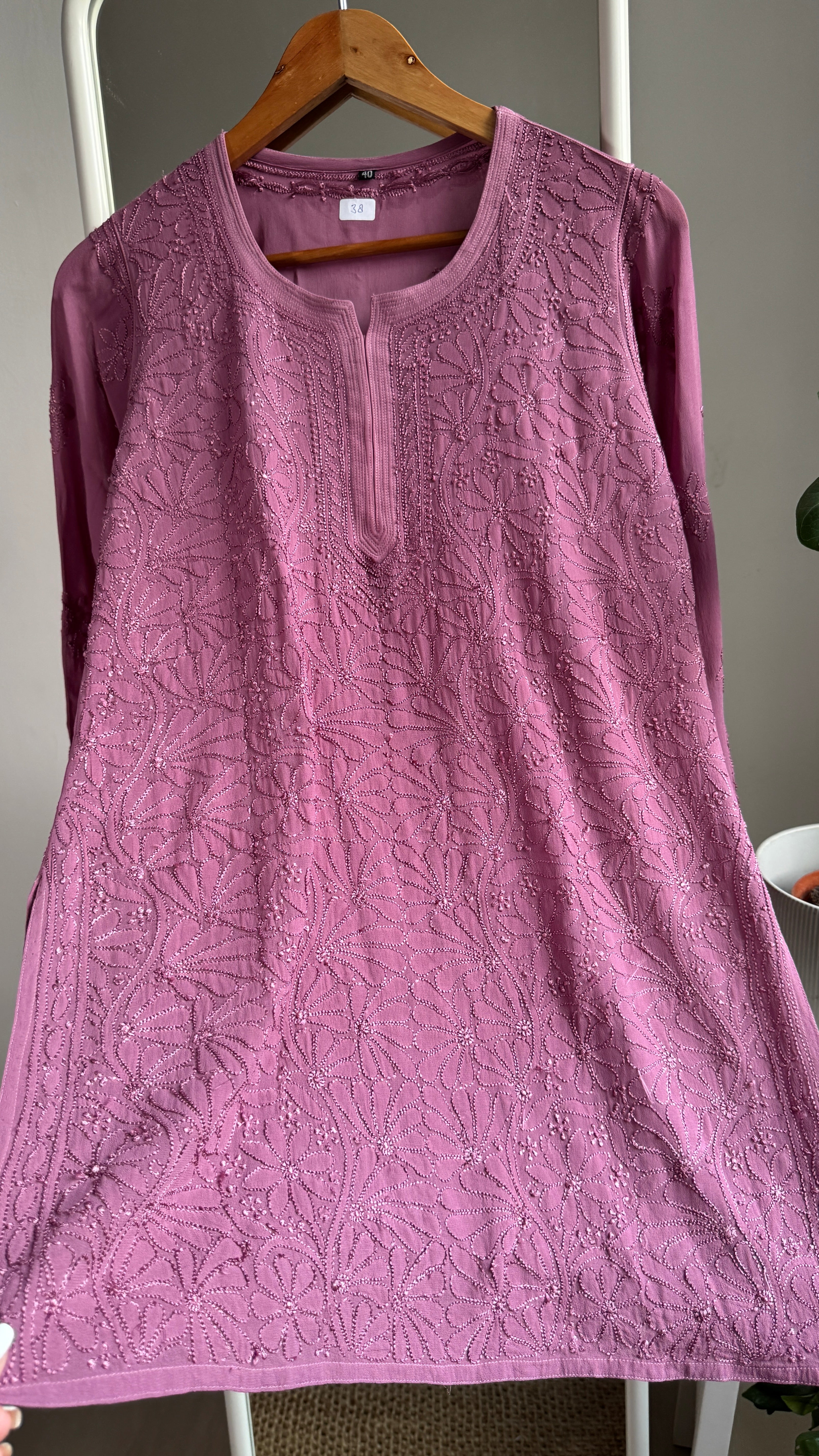 Chikankari Viscose Georgette short Top in Mauve-1