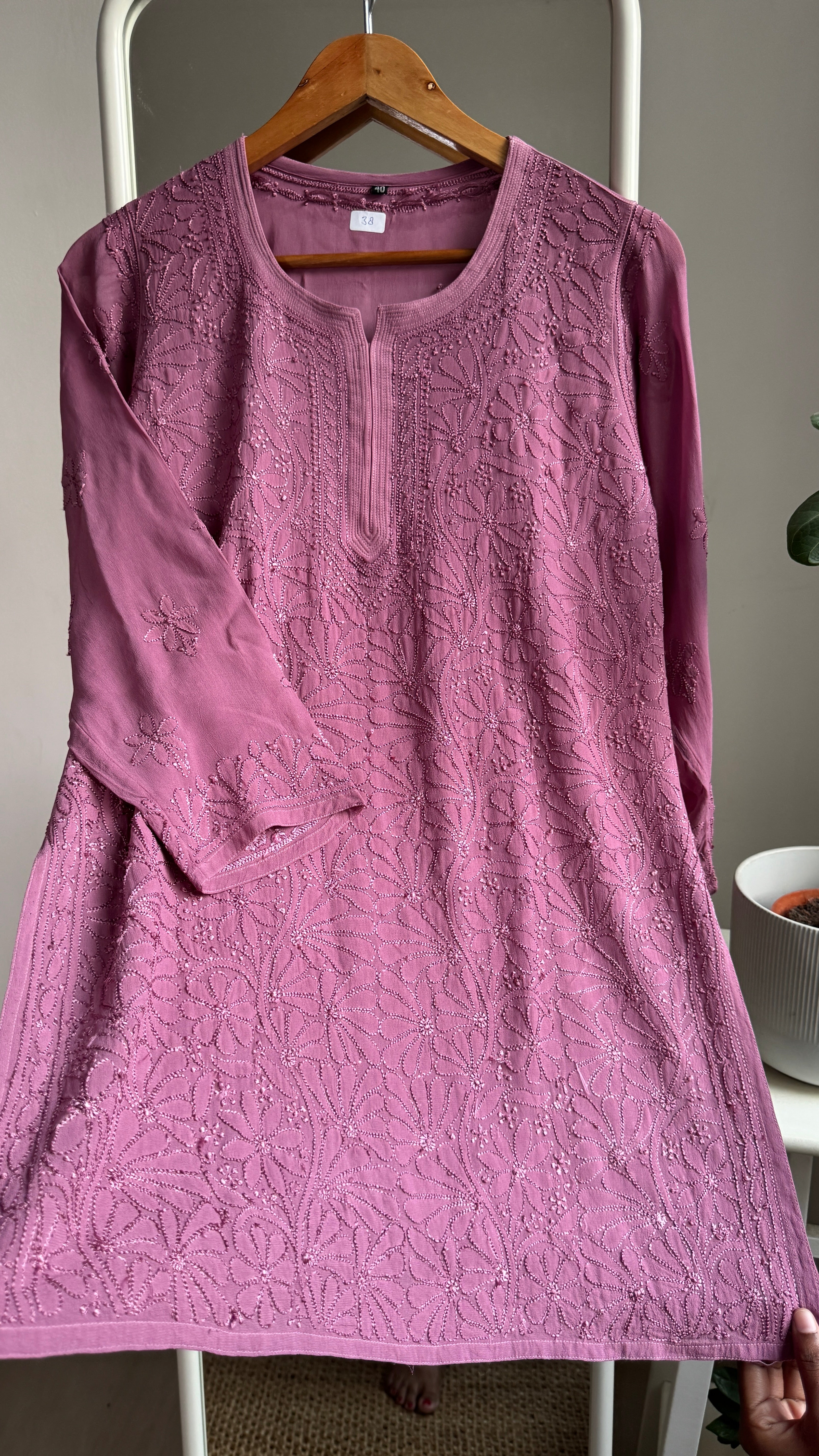 Chikankari Viscose Georgette short Top in Mauve-1