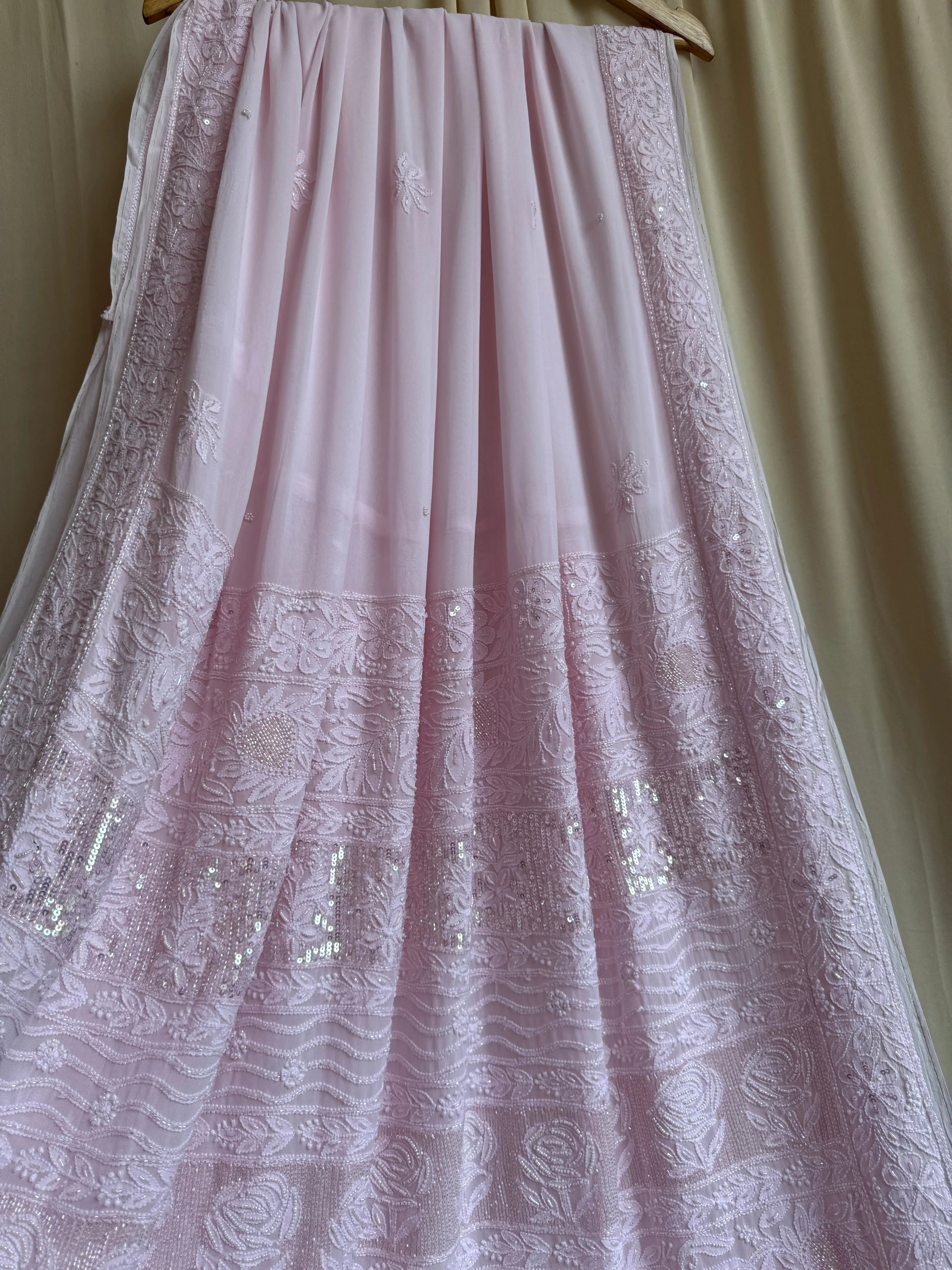 Viscose Chikankari saree with Pearl embellishments- pink ARIAA CHIKANKARI