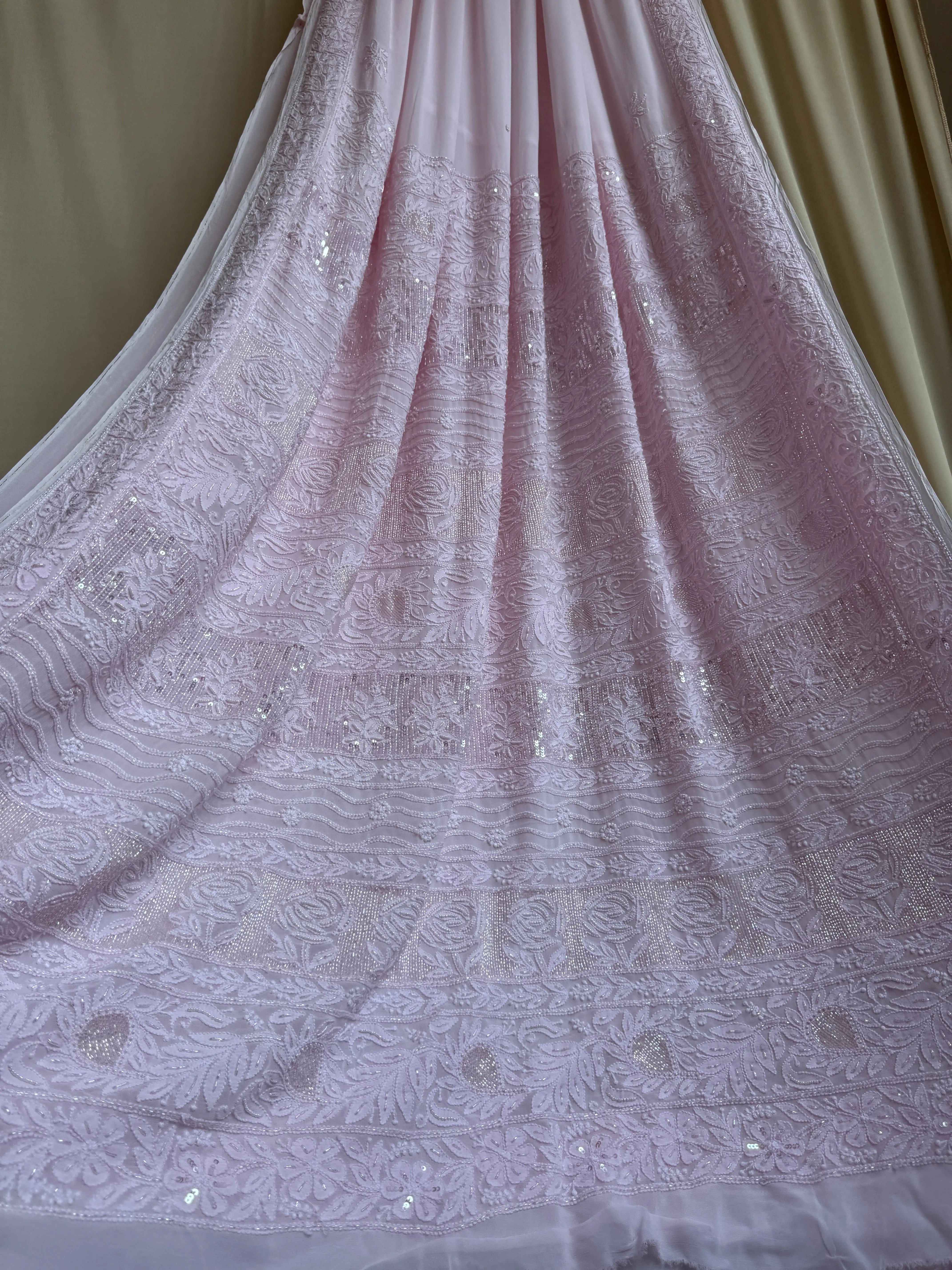 Viscose Chikankari saree with Pearl embellishments- pink ARIAA CHIKANKARI