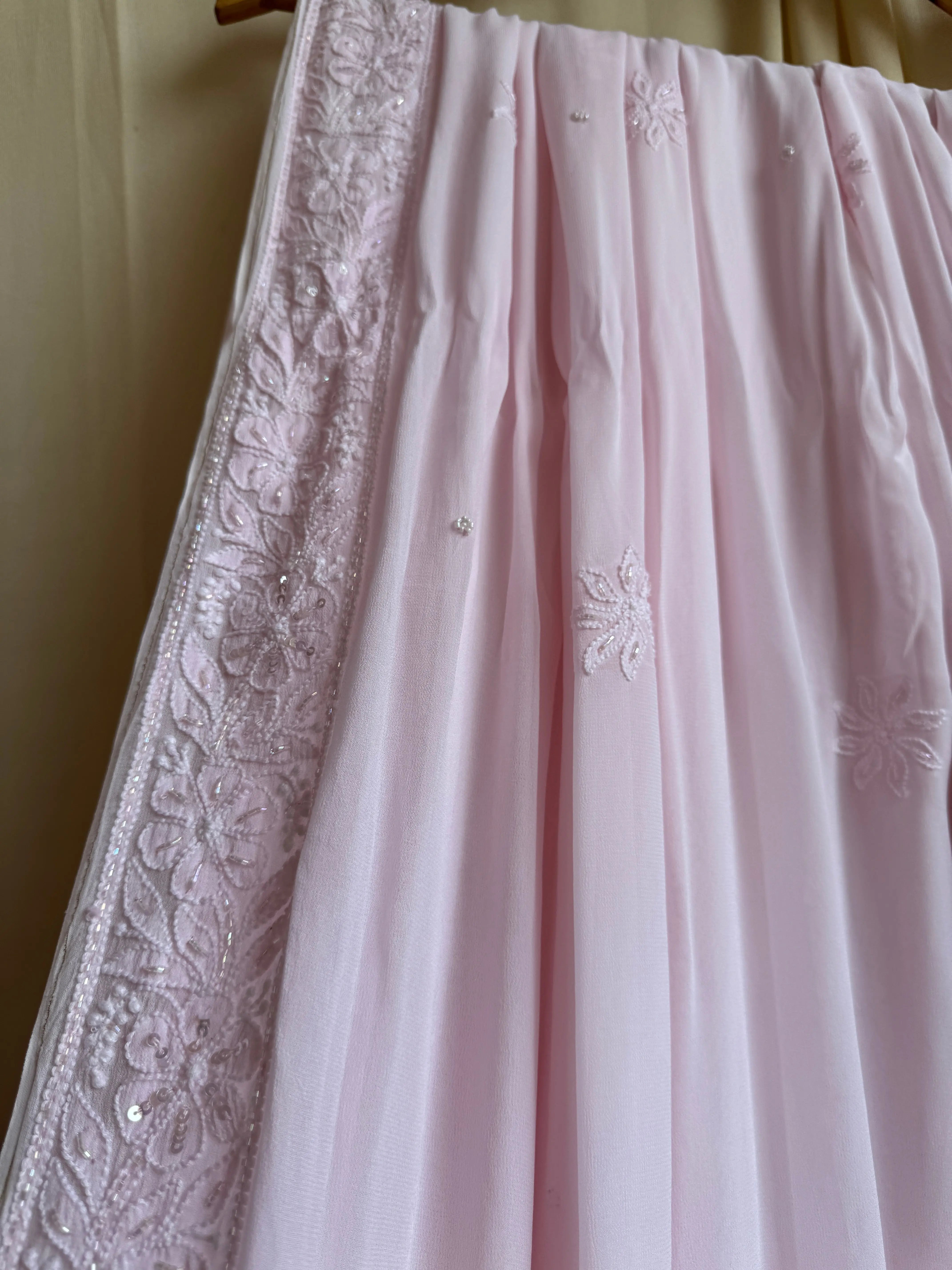 Viscose Chikankari saree with Pearl embellishments- pink ARIAA CHIKANKARI