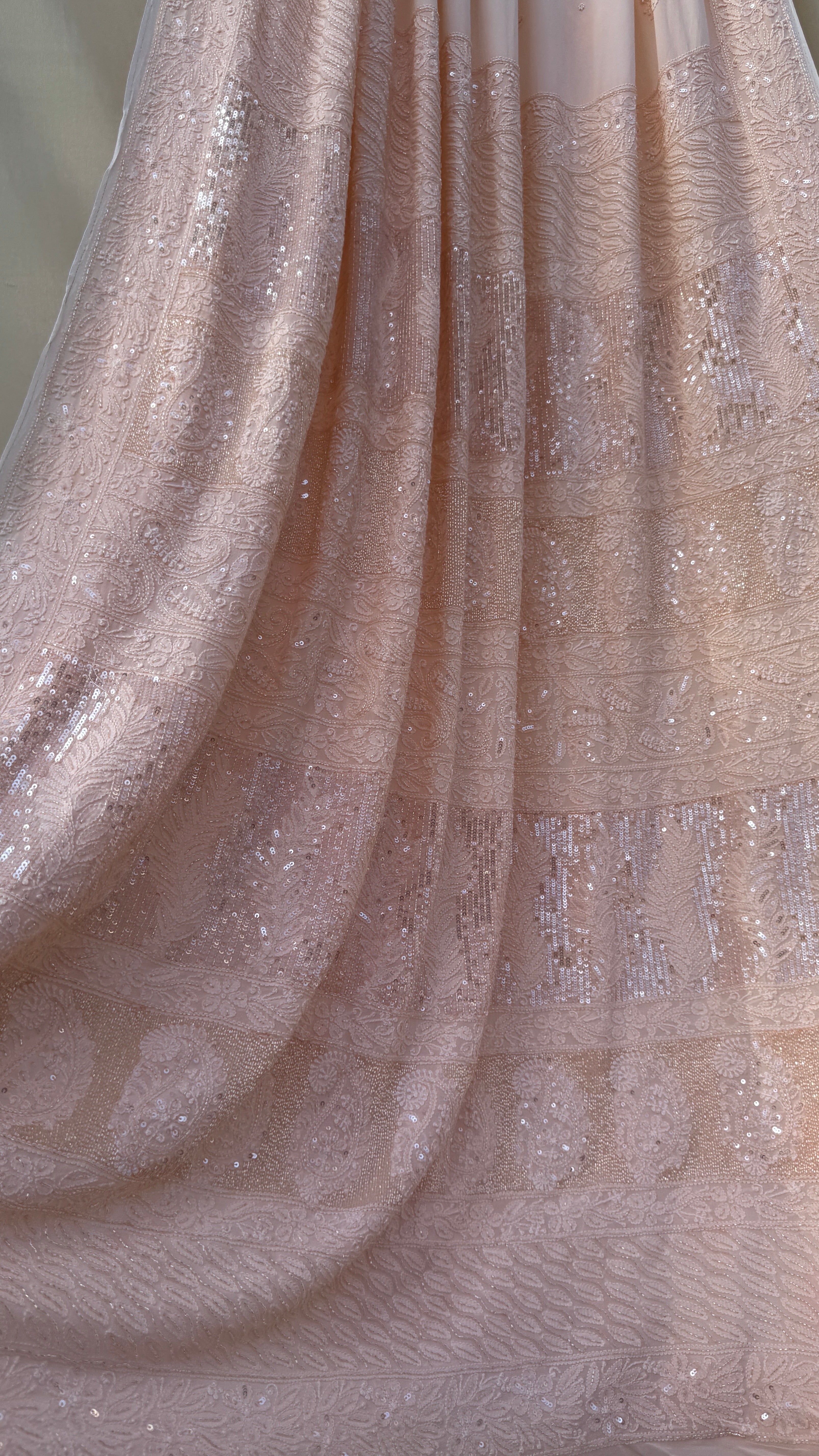 Viscose Peach Chikankari saree with Pearl embellishments