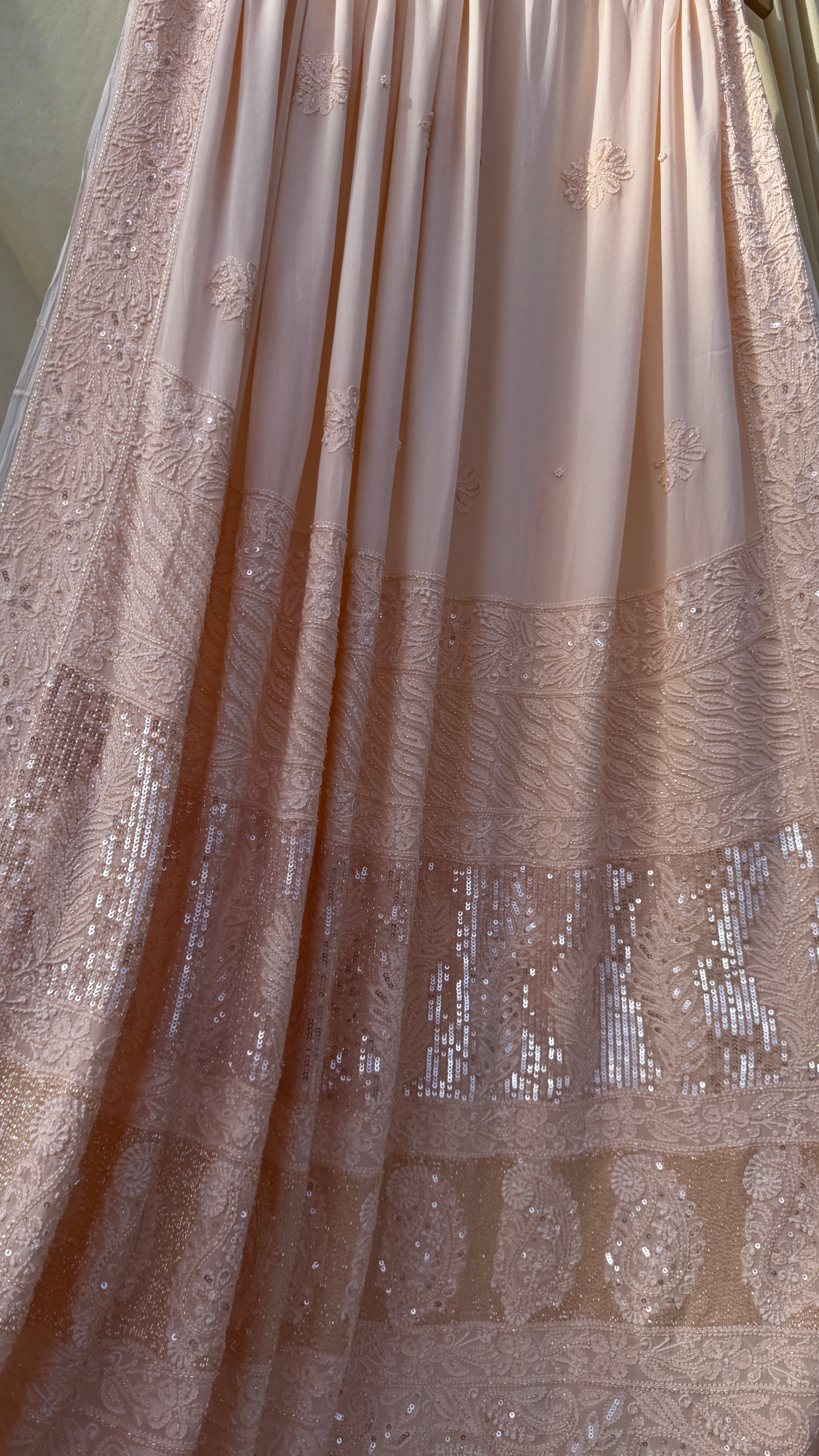 Viscose Peach Chikankari saree with Pearl embellishments
