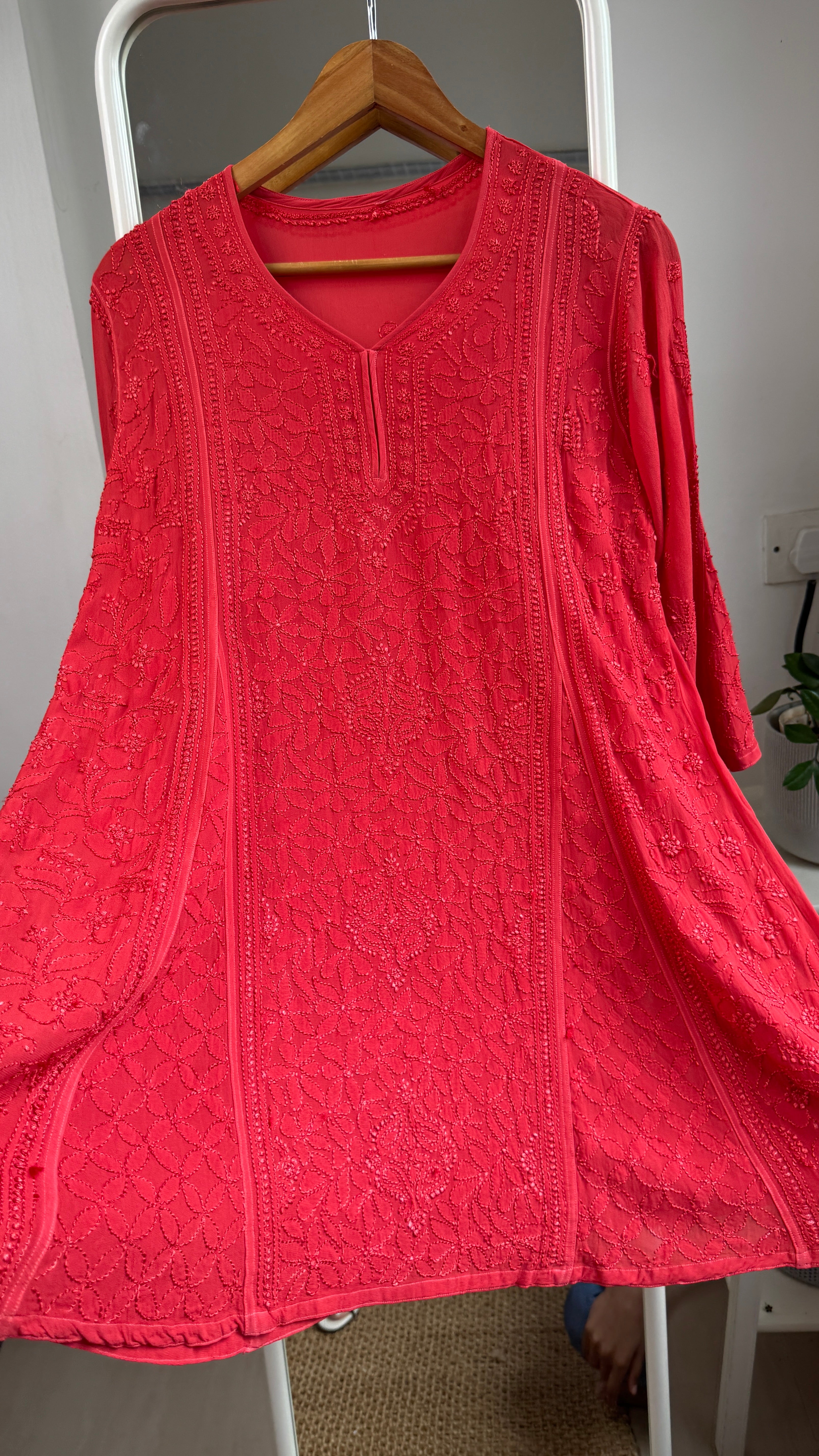 Viscose Chikankari Short Anarkali - Red - Sahar Collection