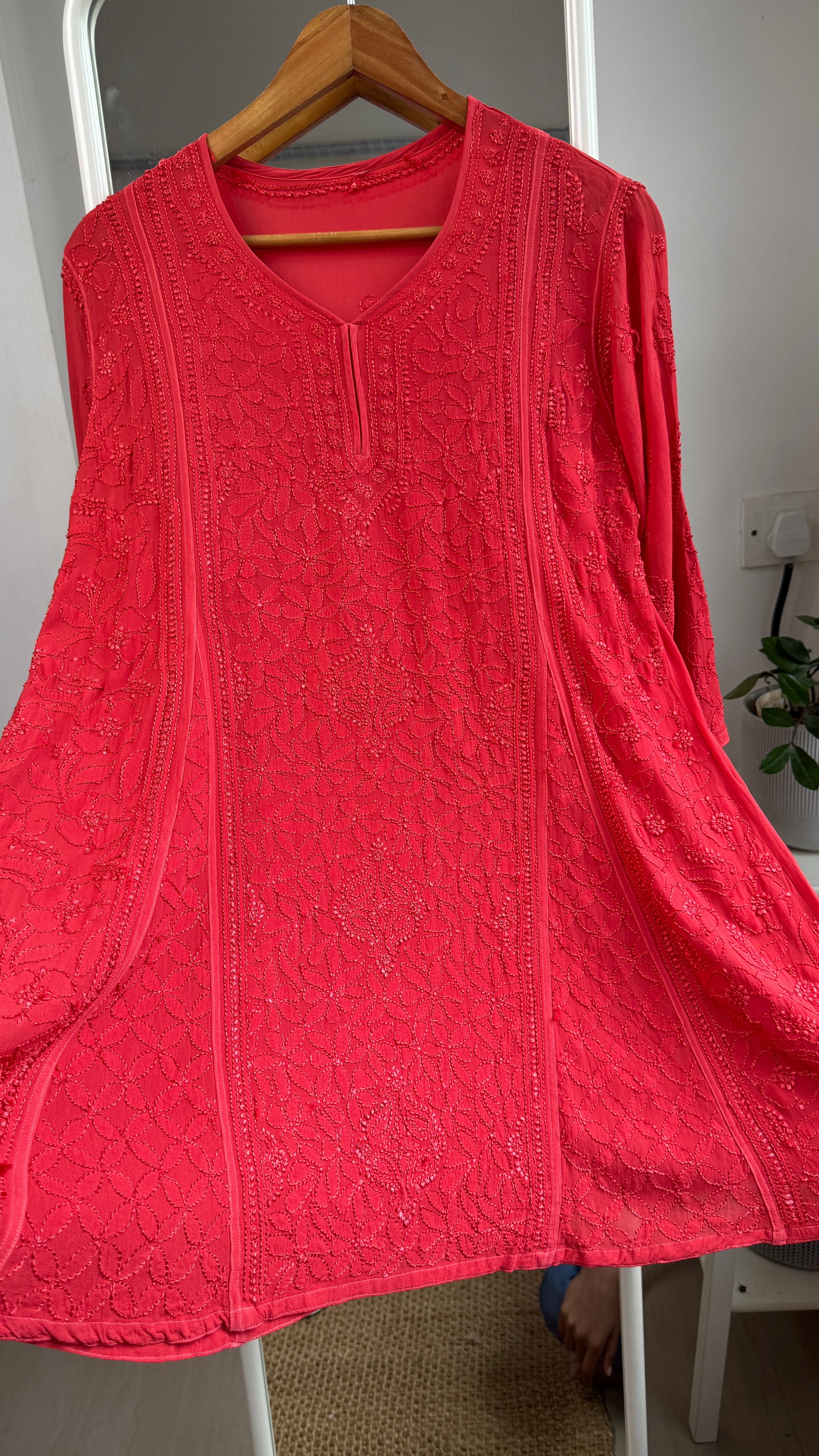 Viscose Chikankari Short Anarkali - Red - Sahar Collection