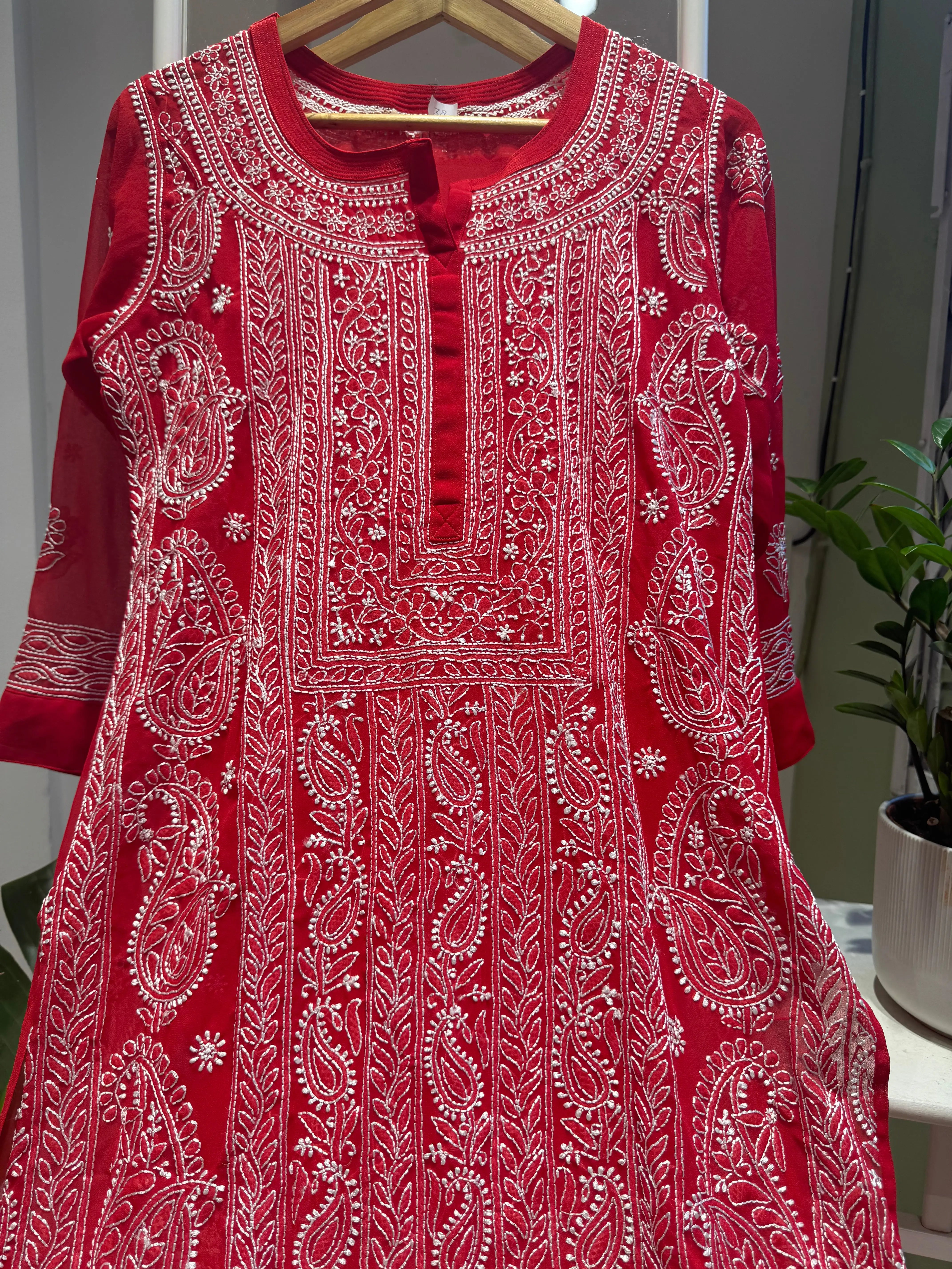 Chikankari Resham Jaal Kurti - Red ARIAA CHIKANKARI