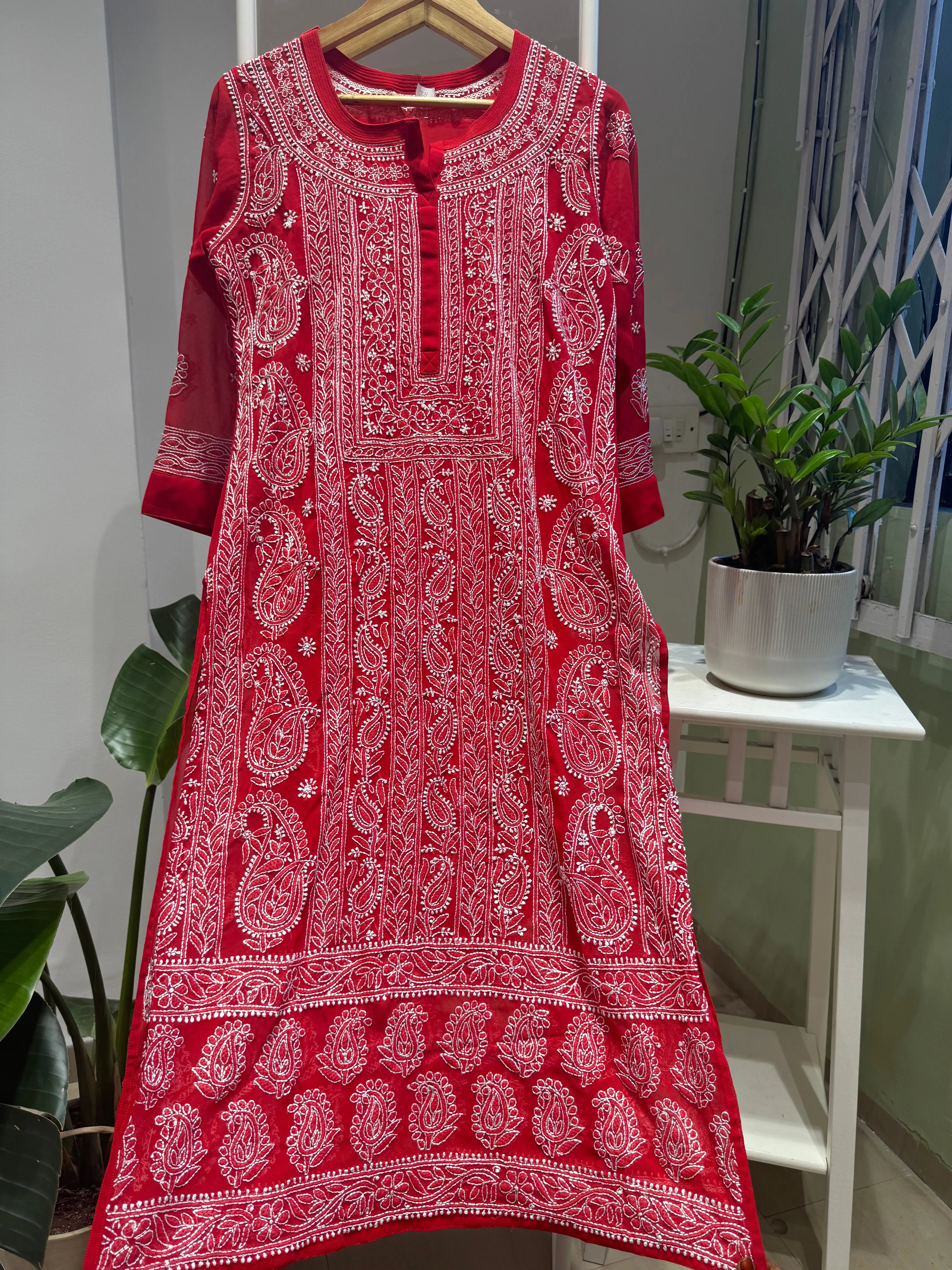 Chikankari Resham Jaal Kurti - Red ARIAA CHIKANKARI