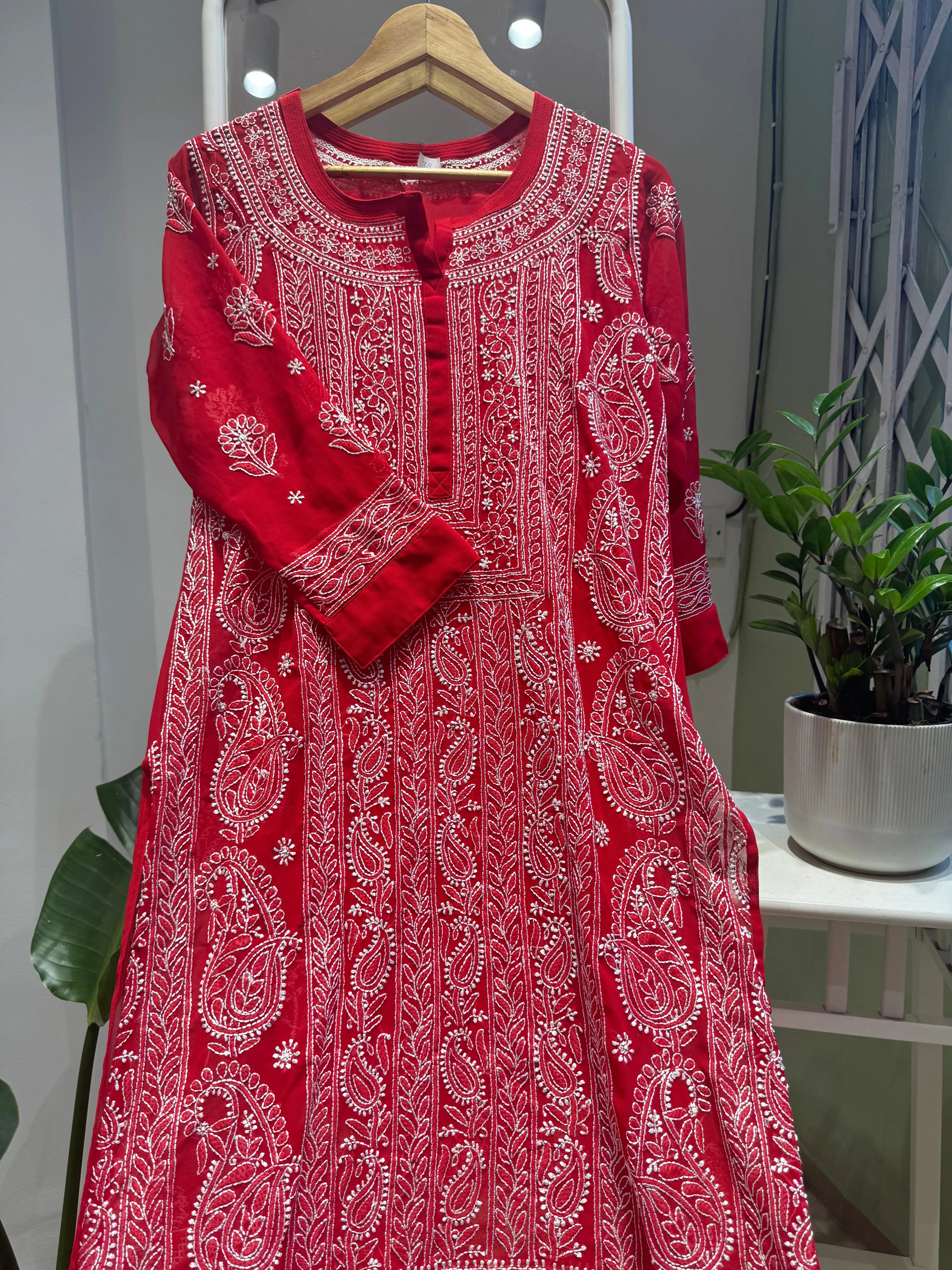 Chikankari Resham Jaal Kurti - Red ARIAA CHIKANKARI