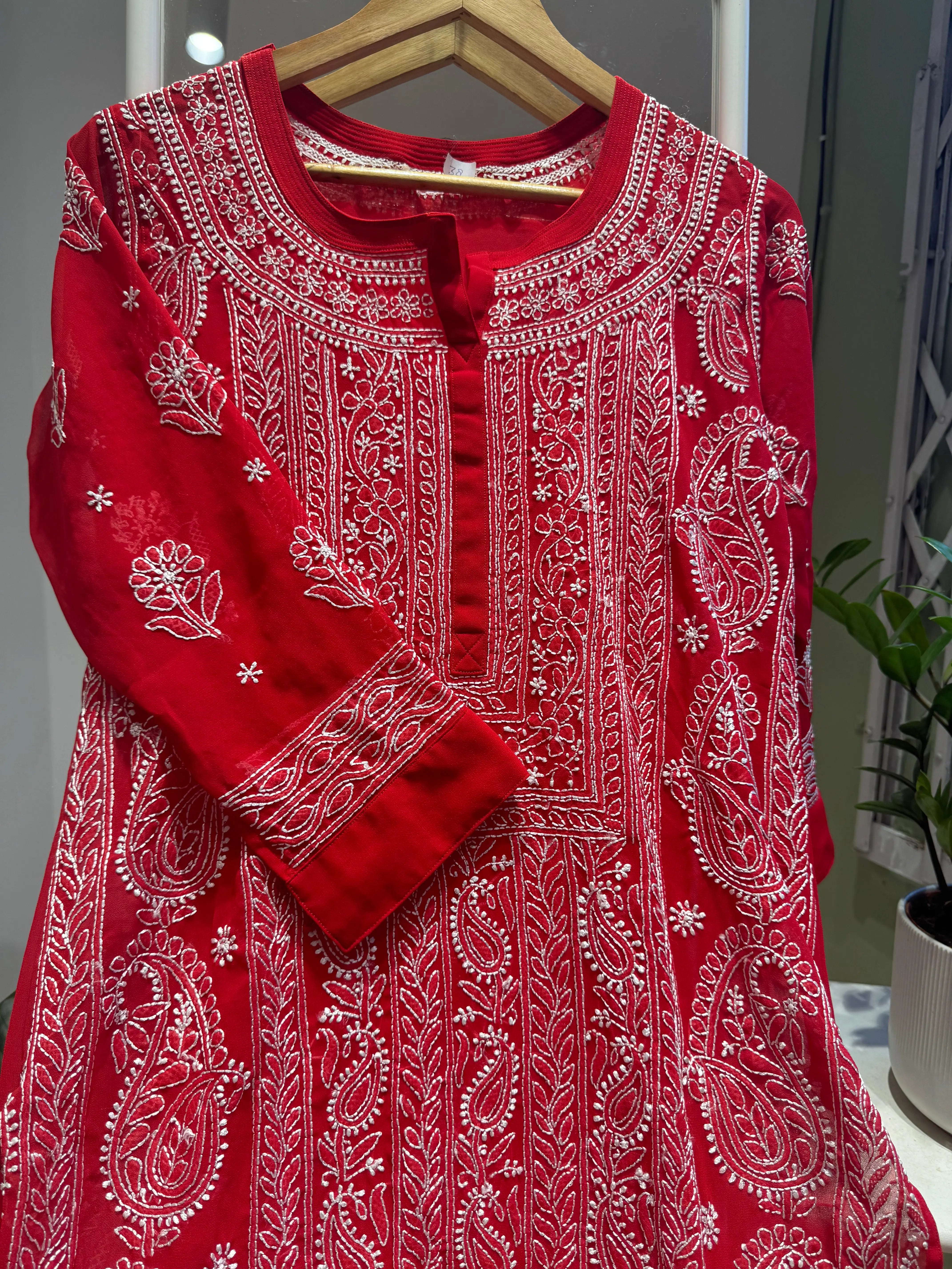 Chikankari Resham Jaal Kurti - Red ARIAA CHIKANKARI