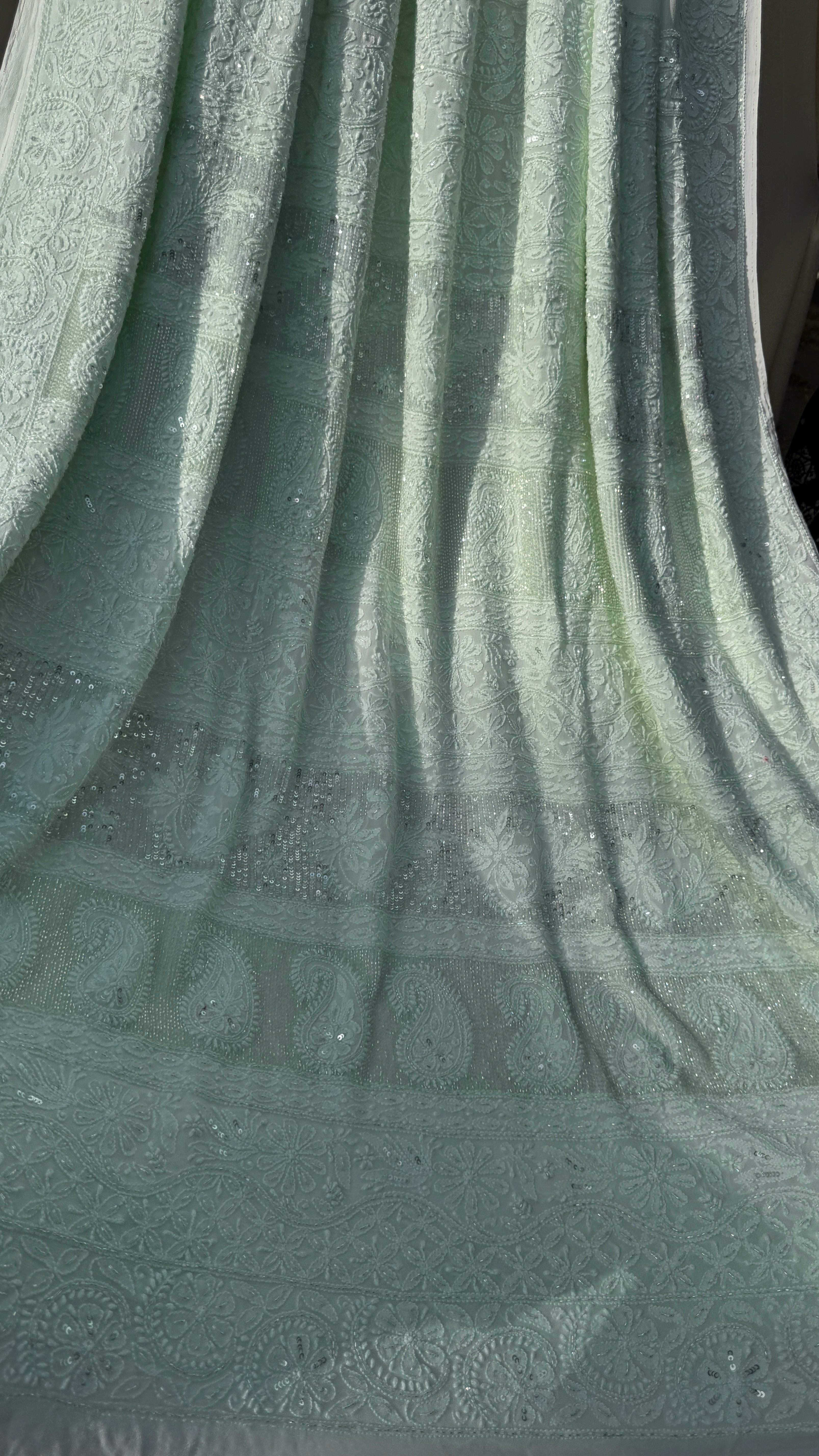 Pastel Green Chikankari saree with Pearl embellishments