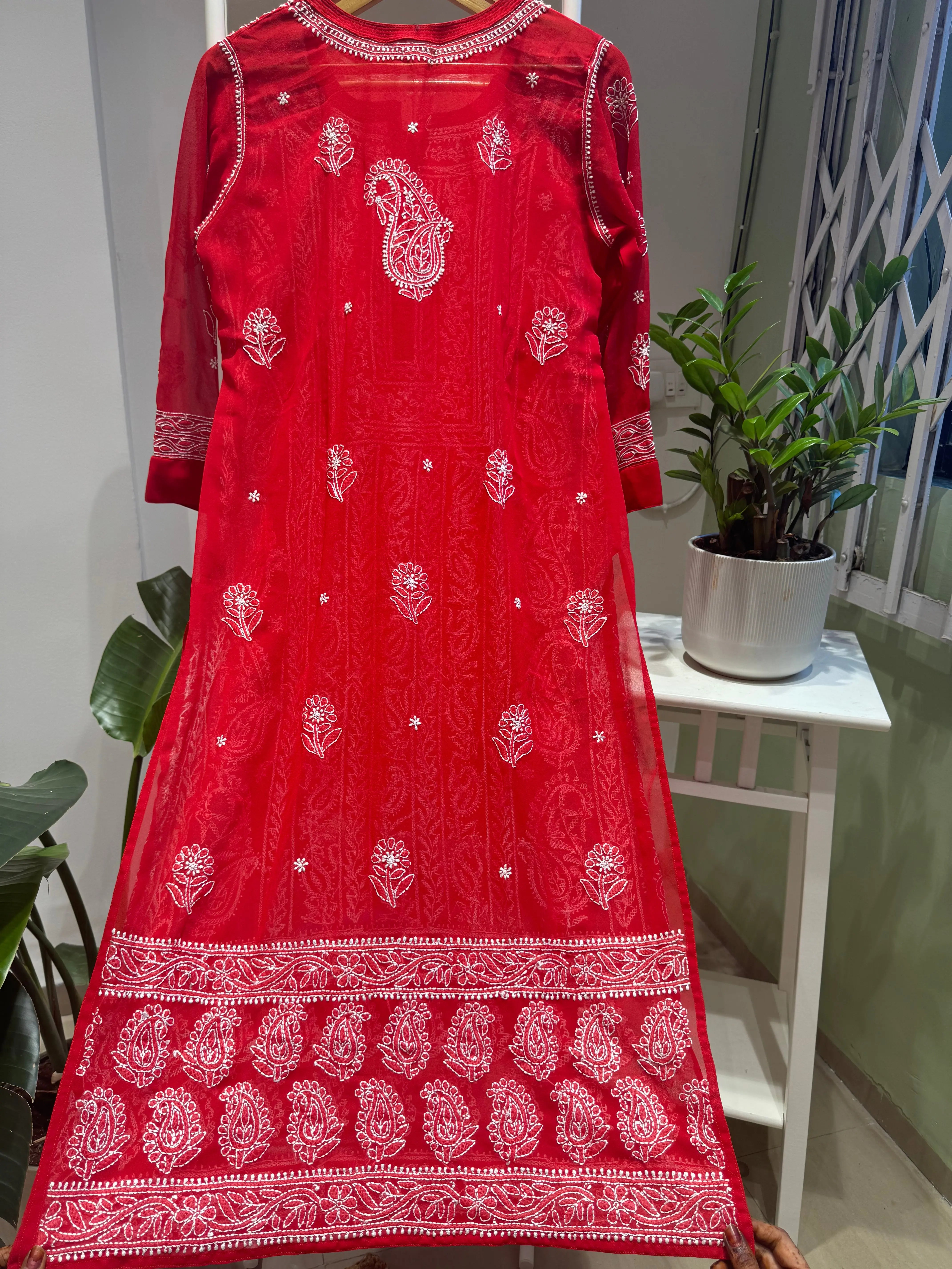 Chikankari Resham Jaal Kurti - Red ARIAA CHIKANKARI