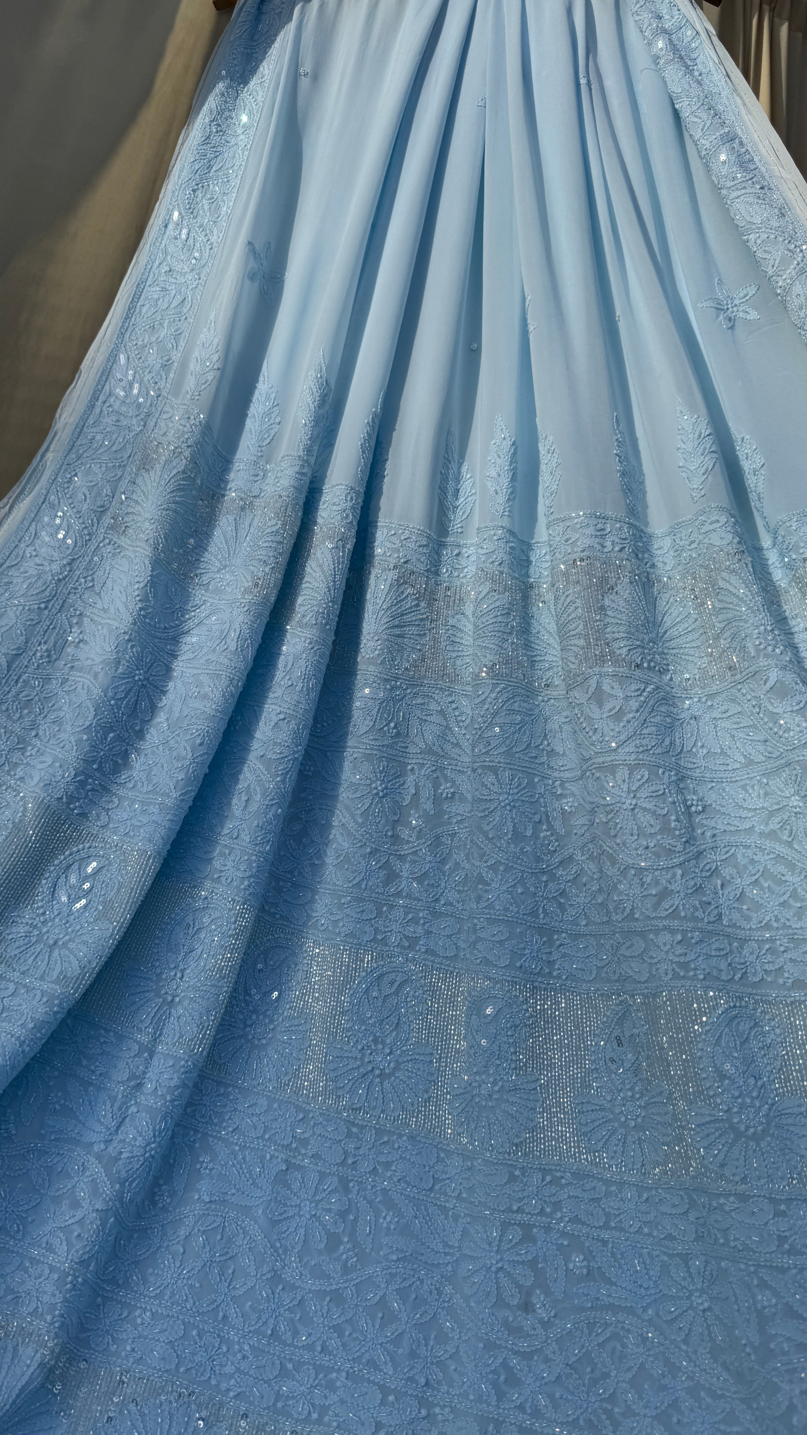 Viscose Blue Chikankari saree with Pearl embellishments