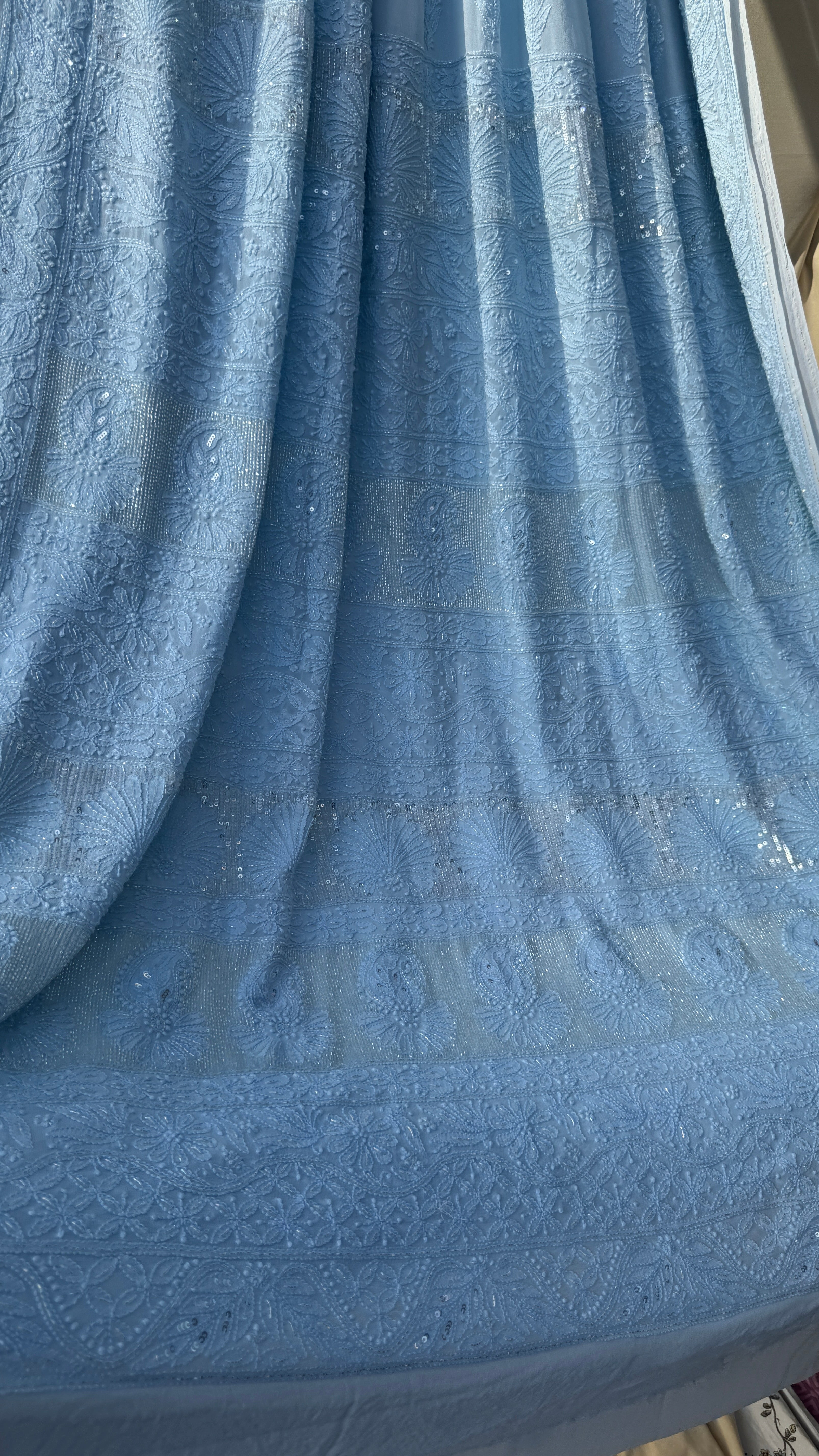 Viscose Blue Chikankari saree with Pearl embellishments