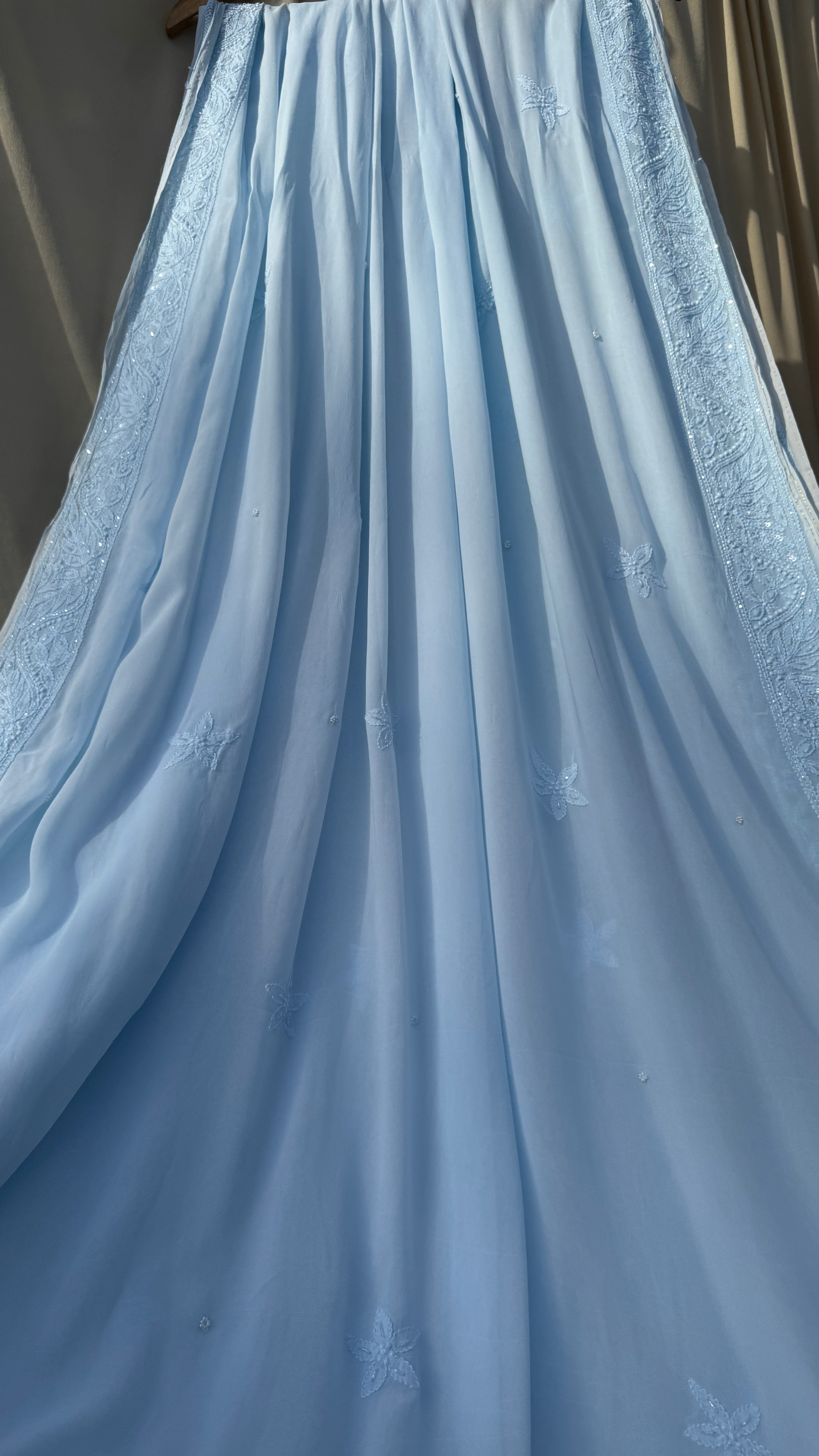 Viscose Blue Chikankari saree with Pearl embellishments