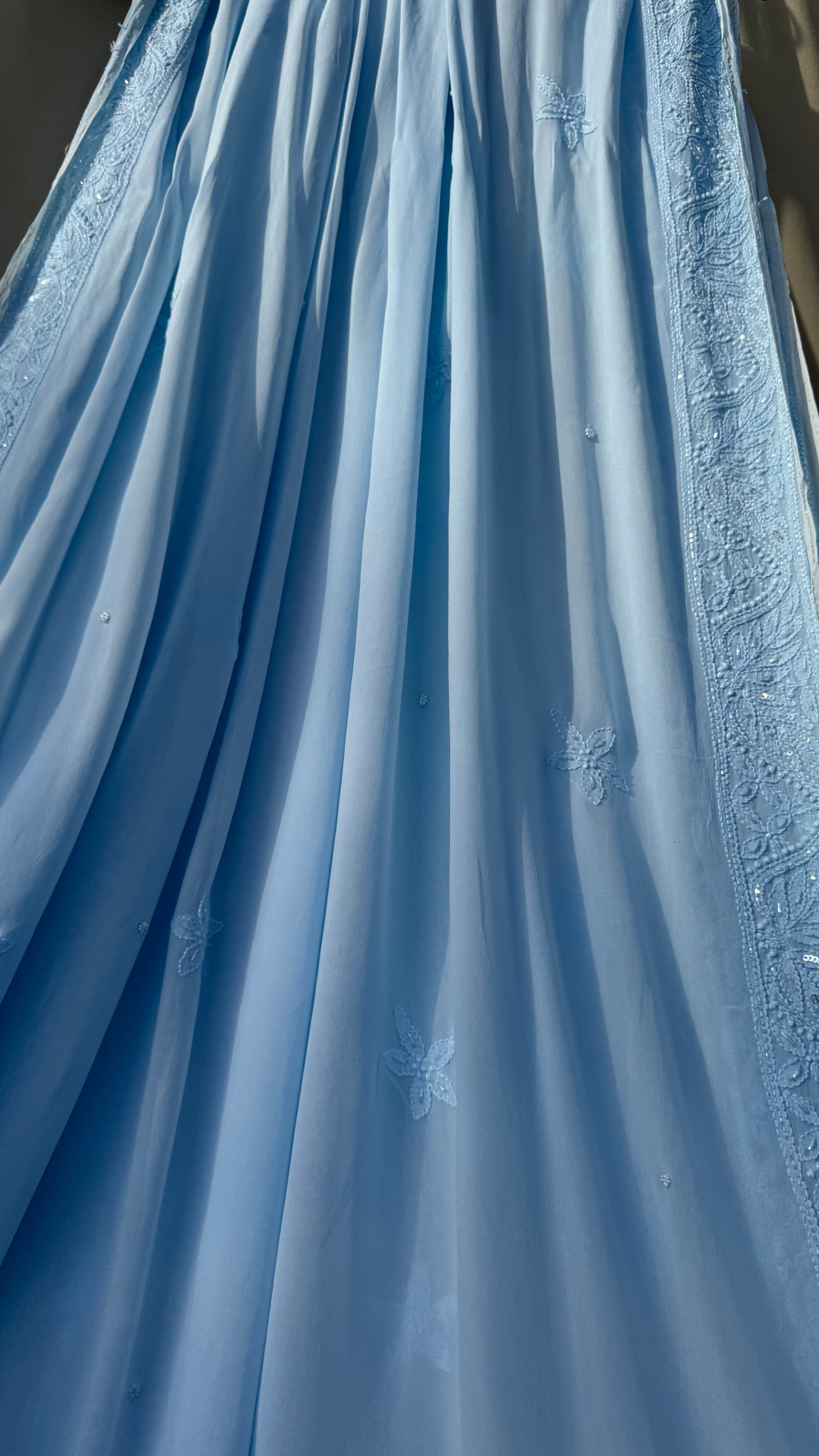 Viscose Blue Chikankari saree with Pearl embellishments