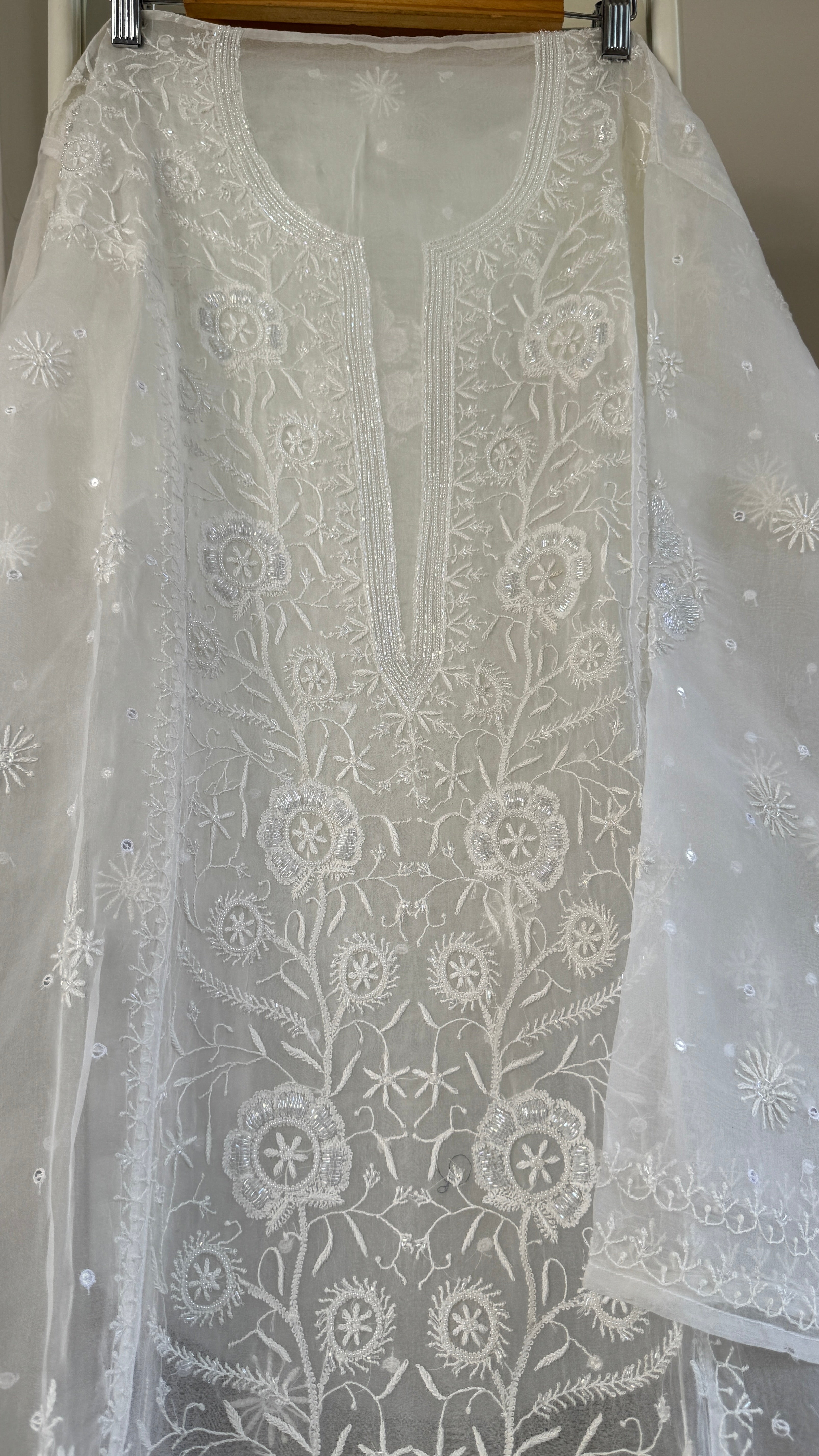 Organza Chikankari Length with Dupatta (Pearl Work) - White