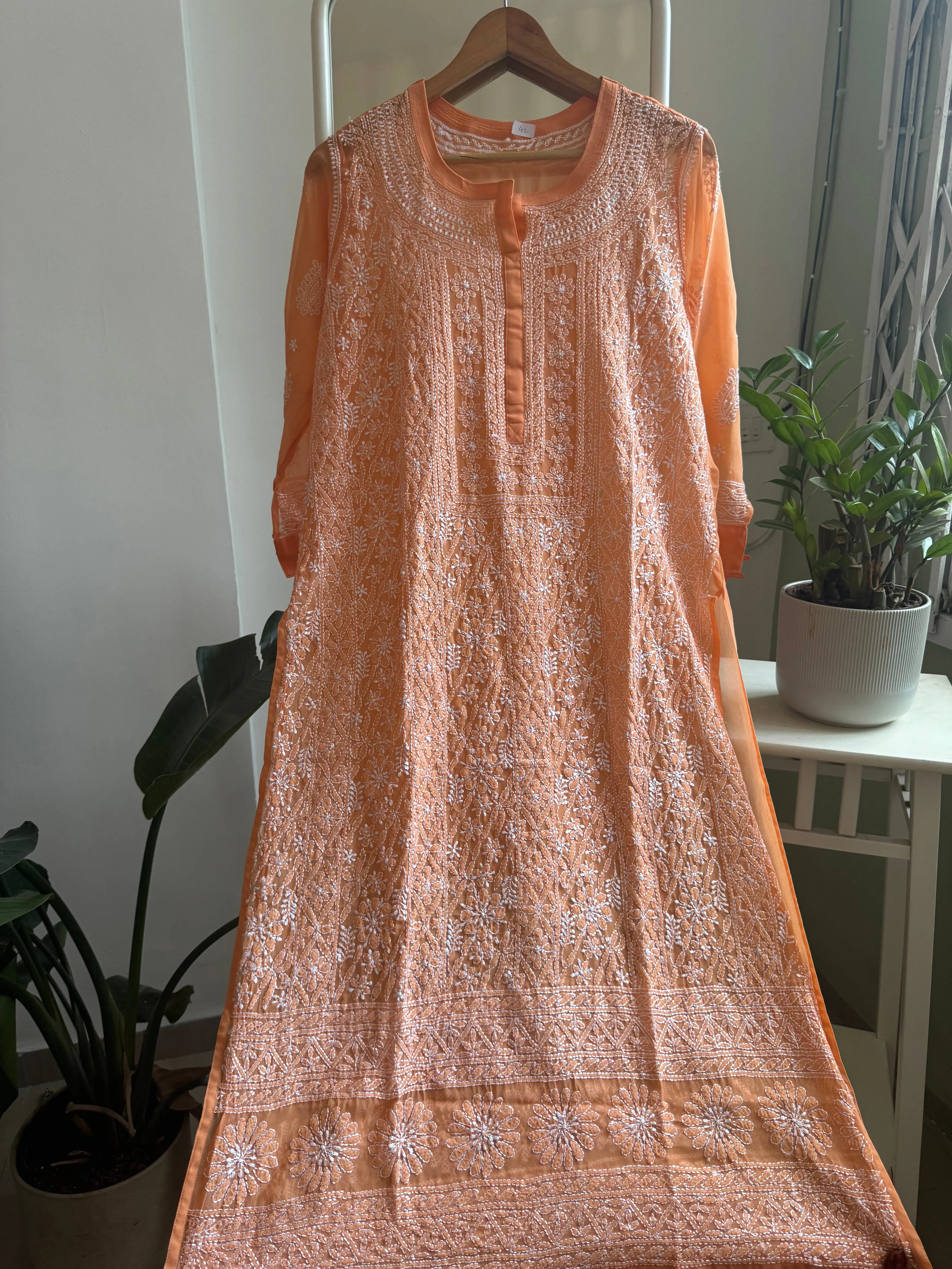 Chikankari Resham Jaal Kurti - Sunset Orange ARIAA CHIKANKARI