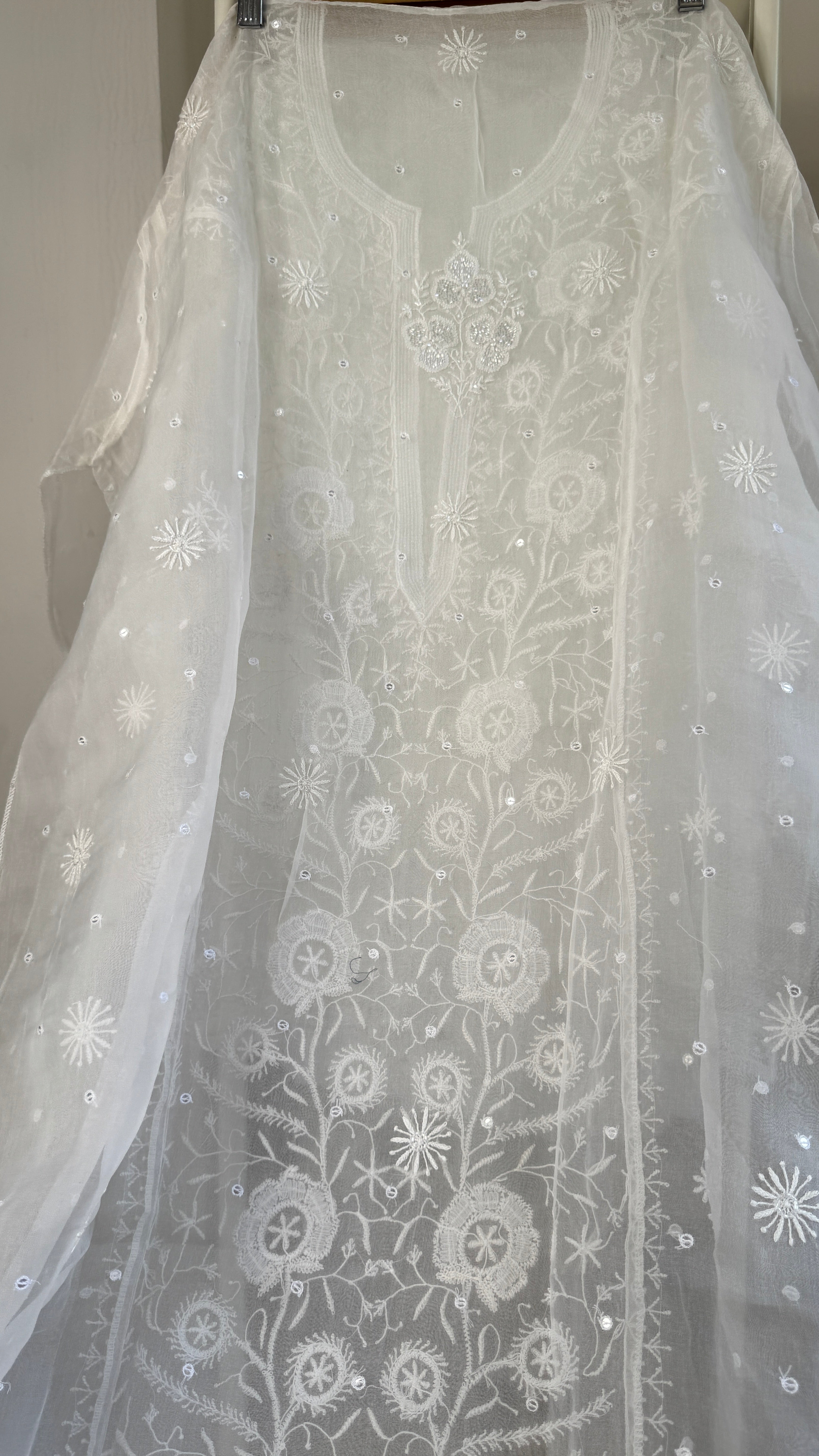 Organza Chikankari Length with Dupatta (Pearl Work) - White