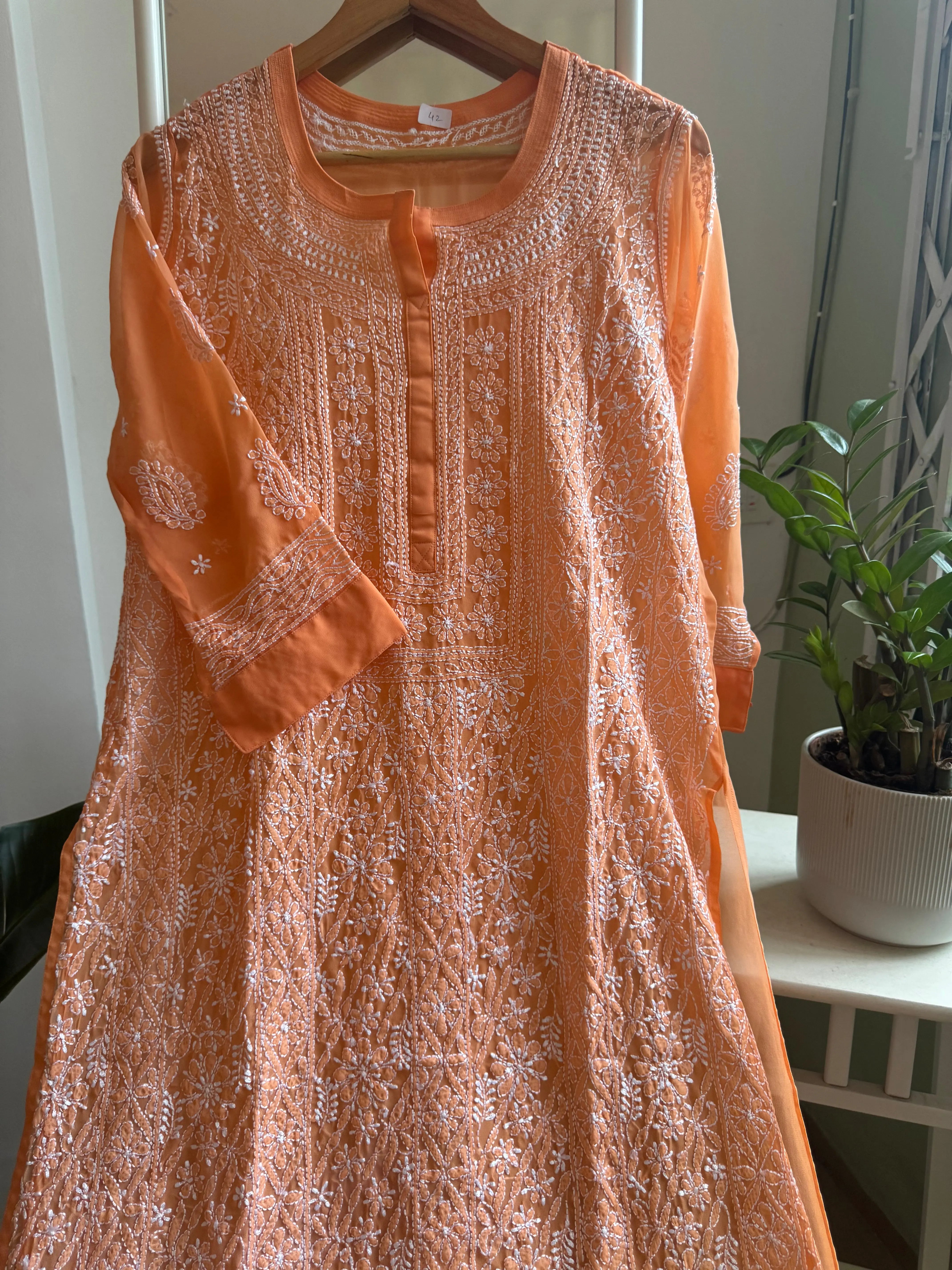 Chikankari Resham Jaal Kurti - Sunset Orange ARIAA CHIKANKARI