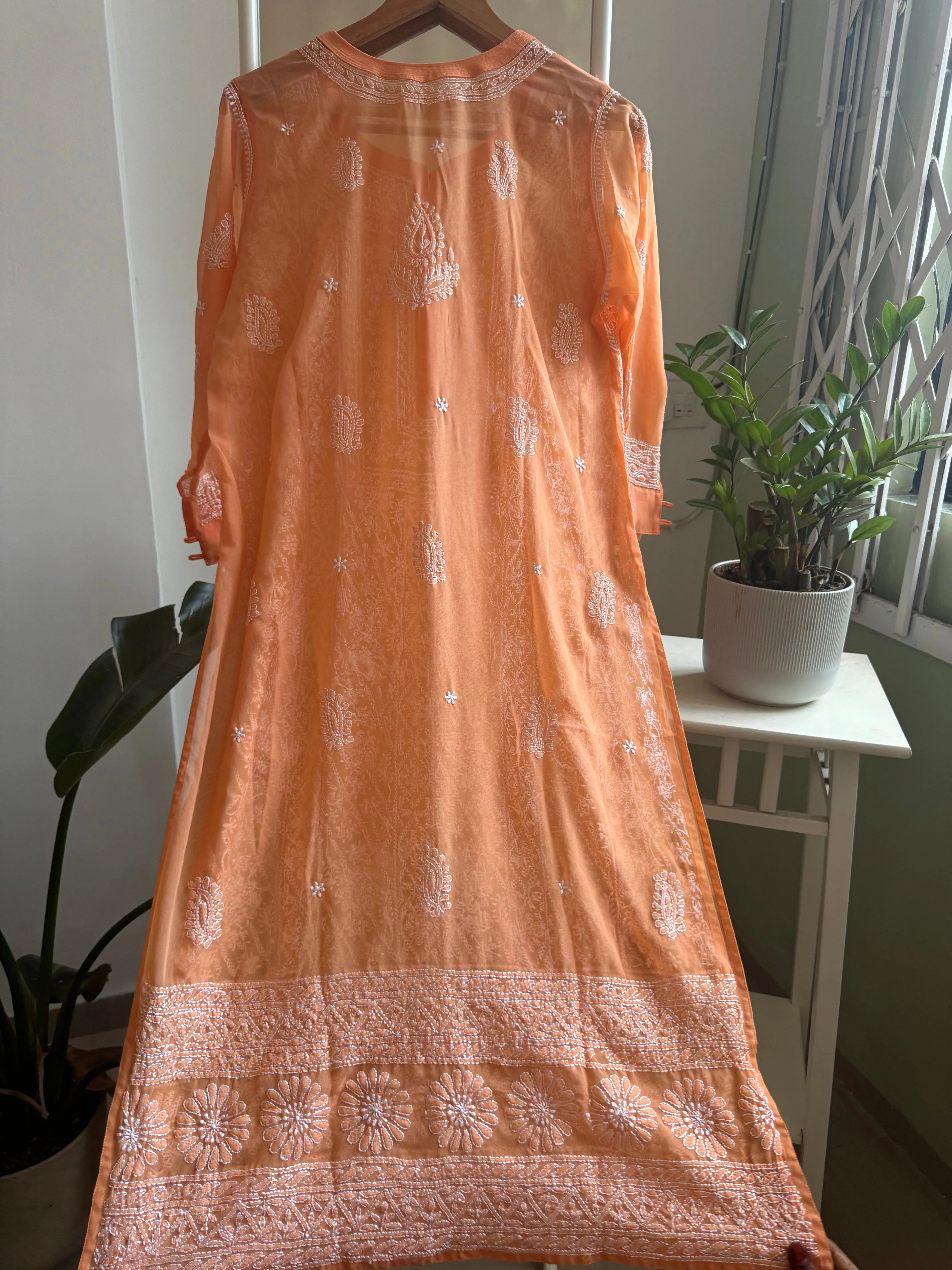 Chikankari Resham Jaal Kurti - Sunset Orange ARIAA CHIKANKARI