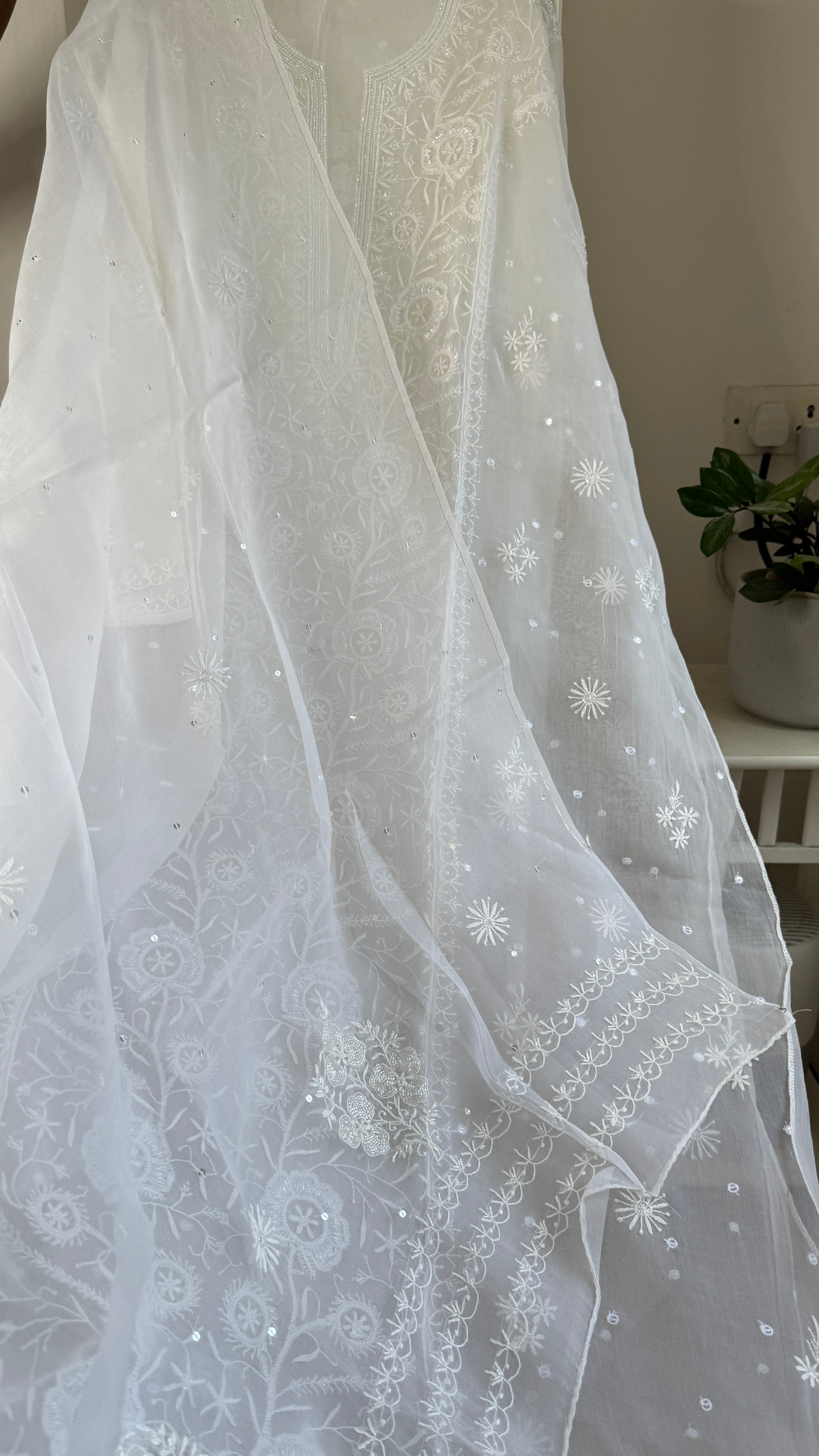 Organza Chikankari Length with Dupatta (Pearl Work) - White