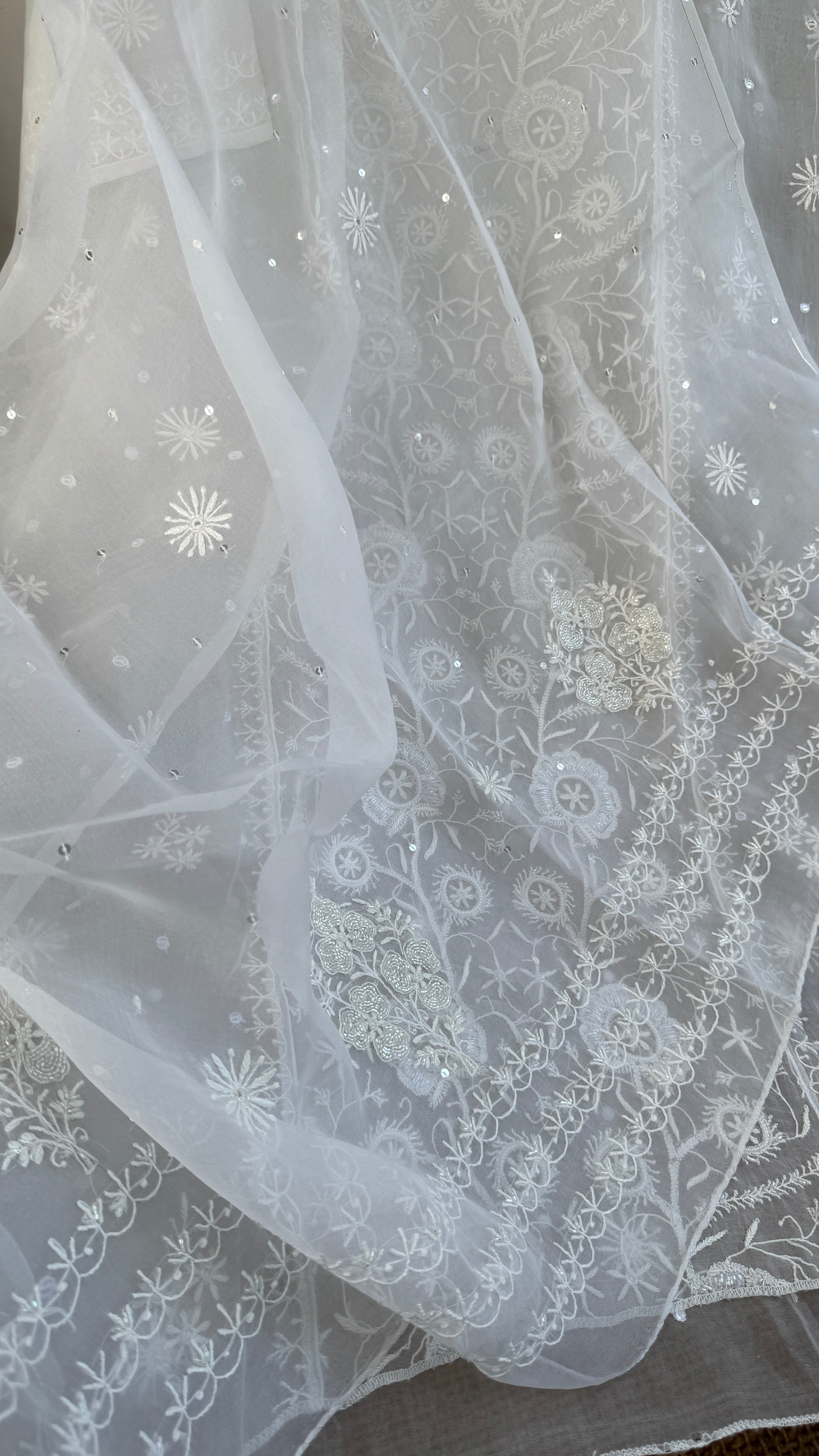 Organza Chikankari Length with Dupatta (Pearl Work) - White