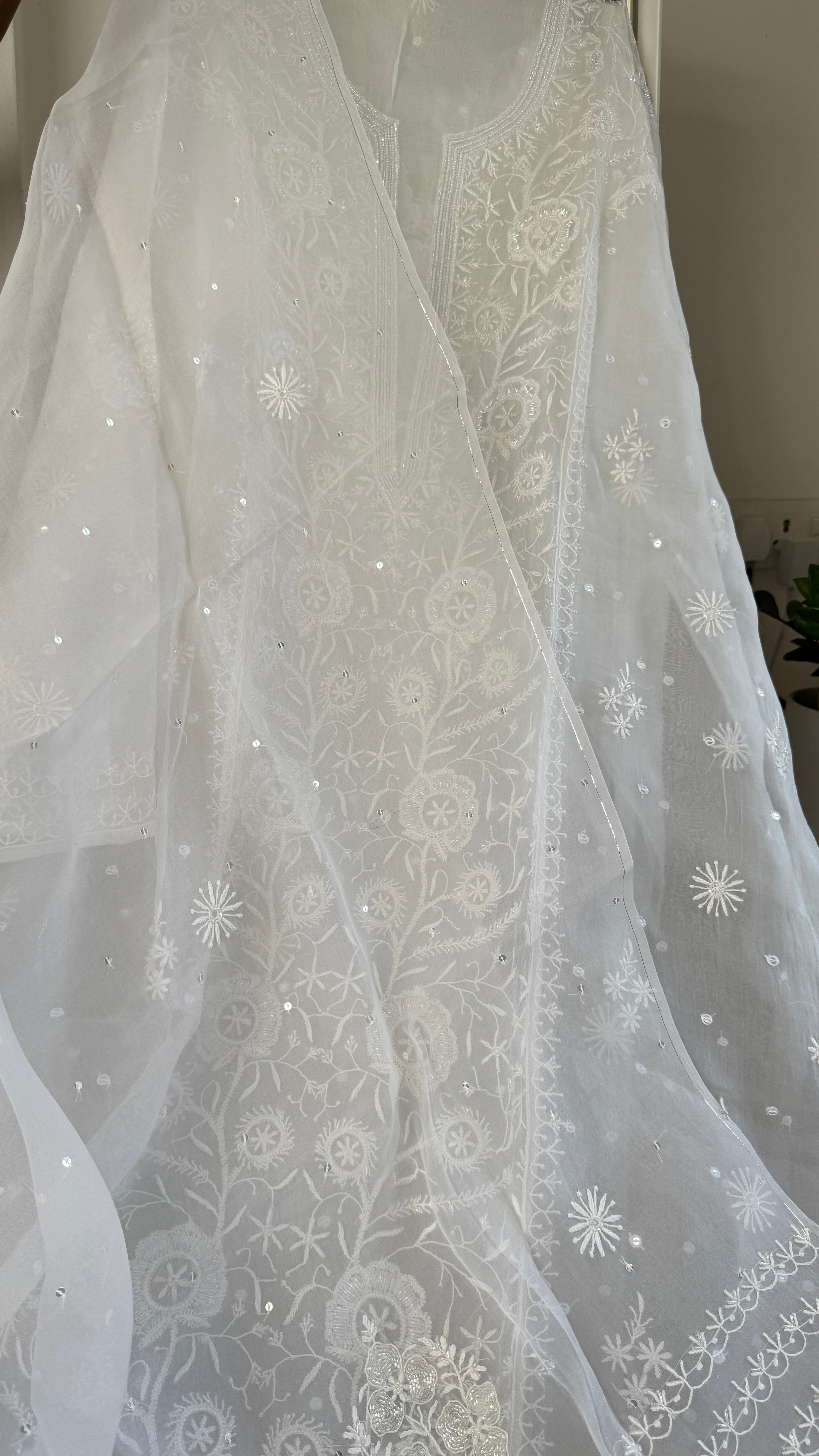 Organza Chikankari Length with Dupatta (Pearl Work) - White