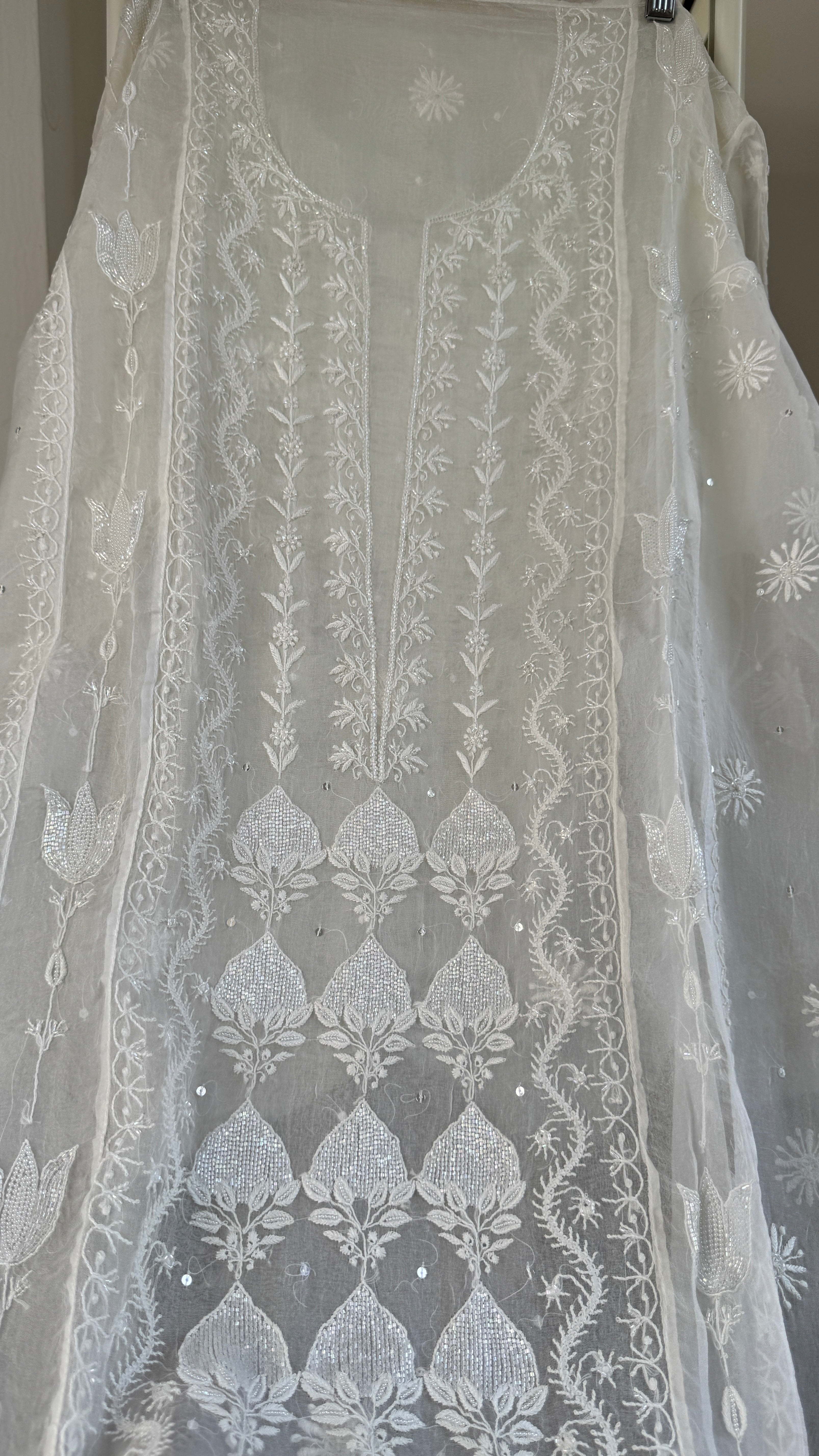 Organza Chikankari Length with Dupatta (Pearl Work) - White