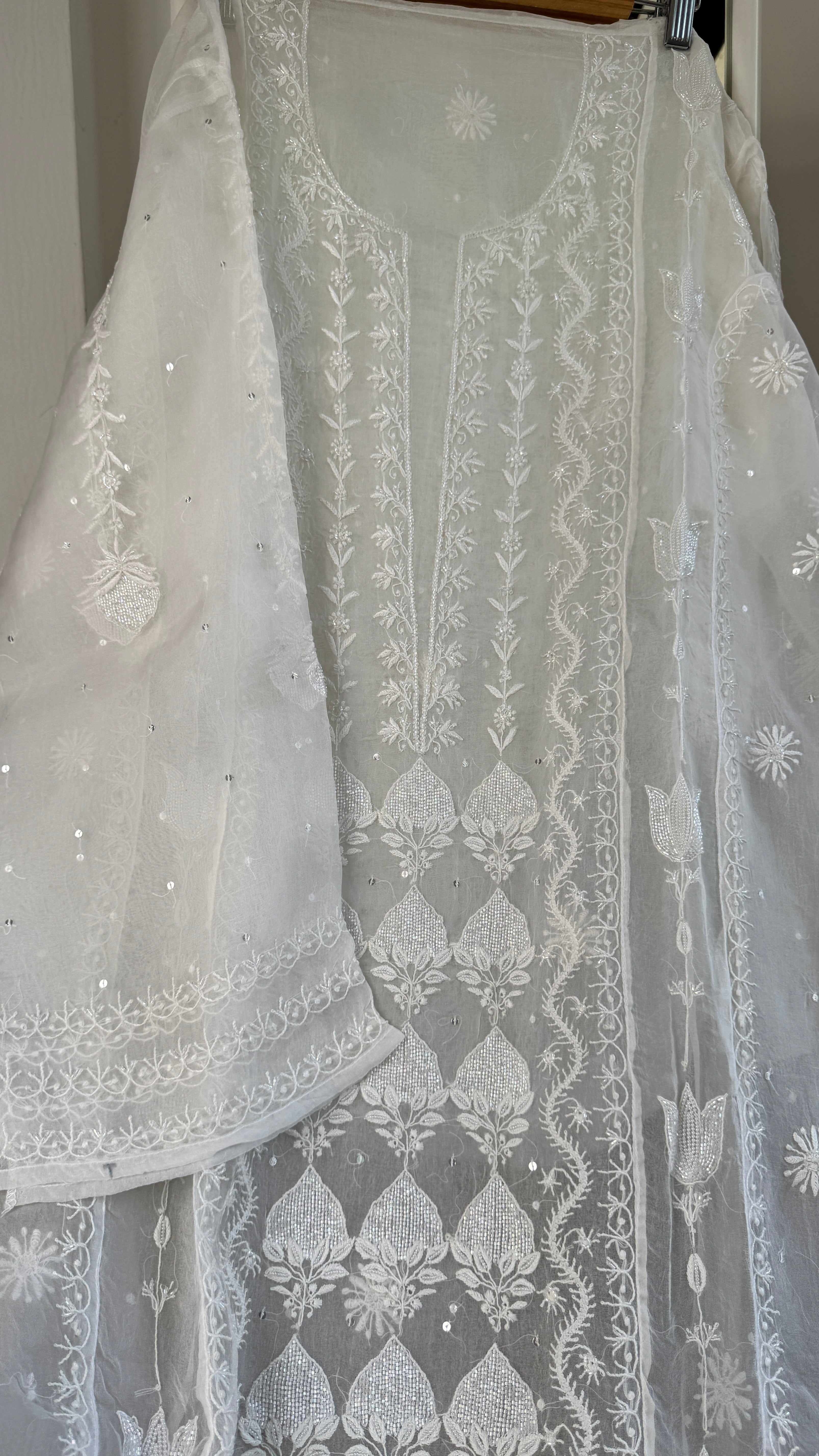 Organza Chikankari Length with Dupatta (Pearl Work) - White