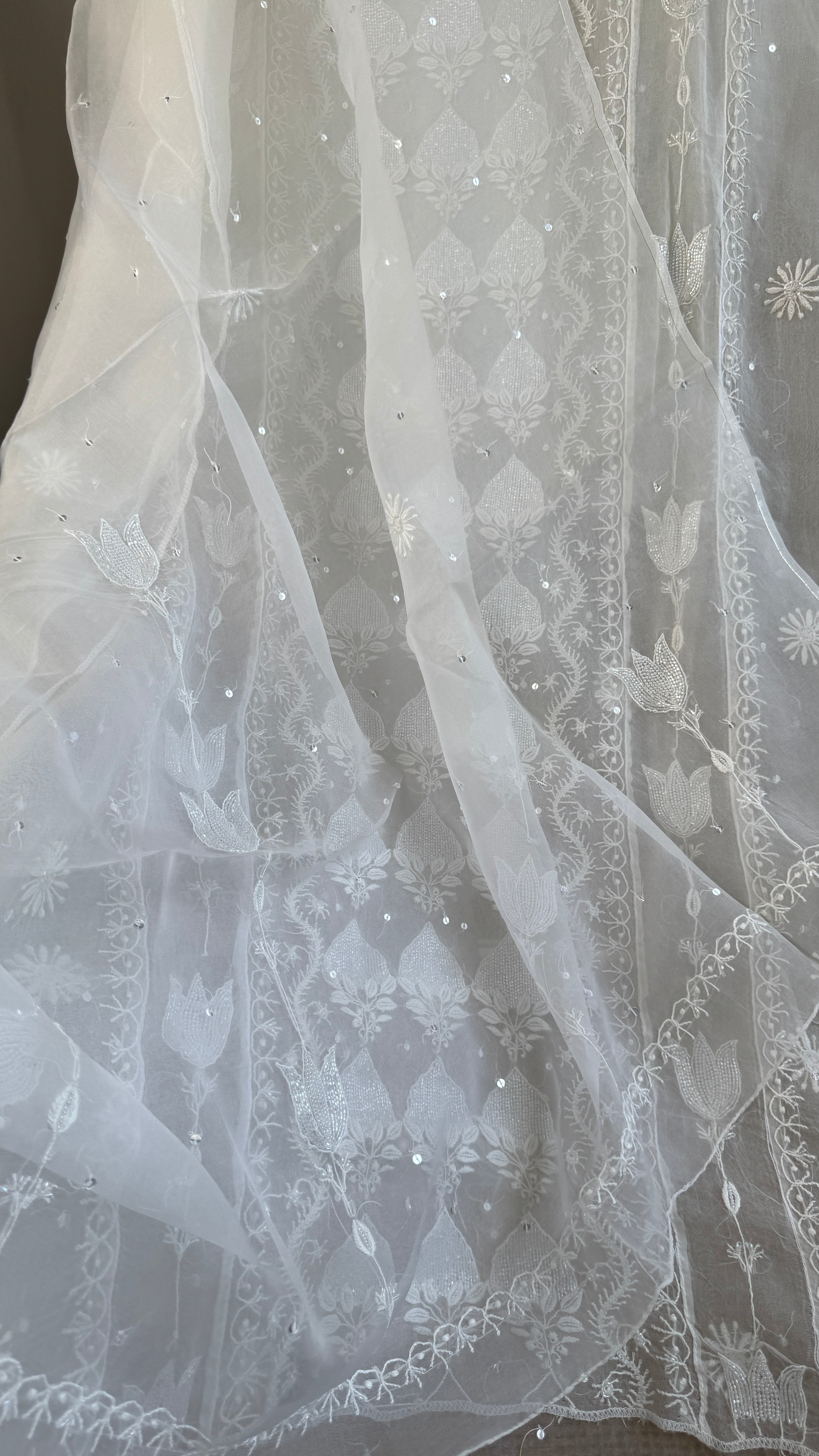 Organza Chikankari Length with Dupatta (Pearl Work) - White