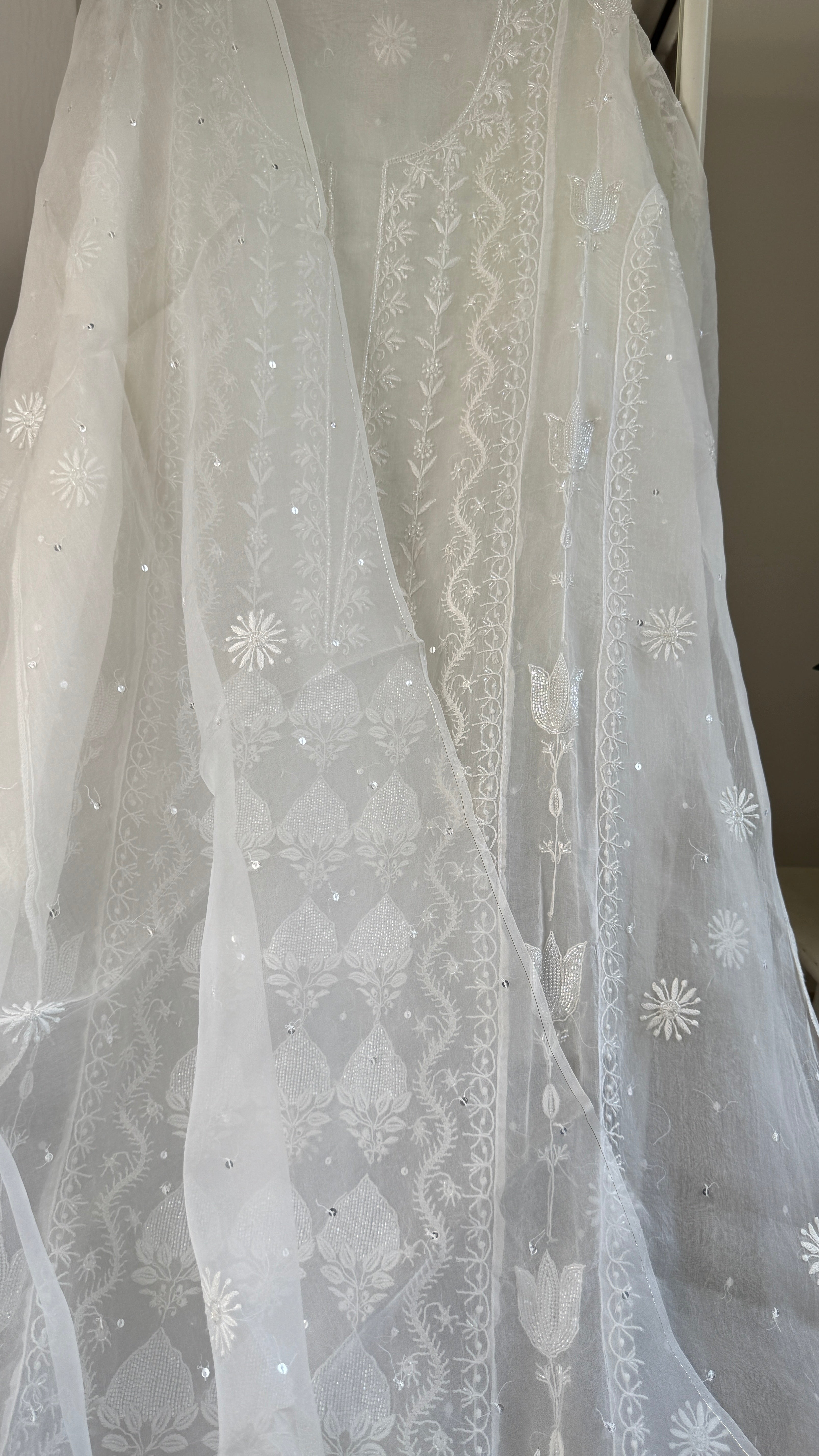 Organza Chikankari Length with Dupatta (Pearl Work) - White