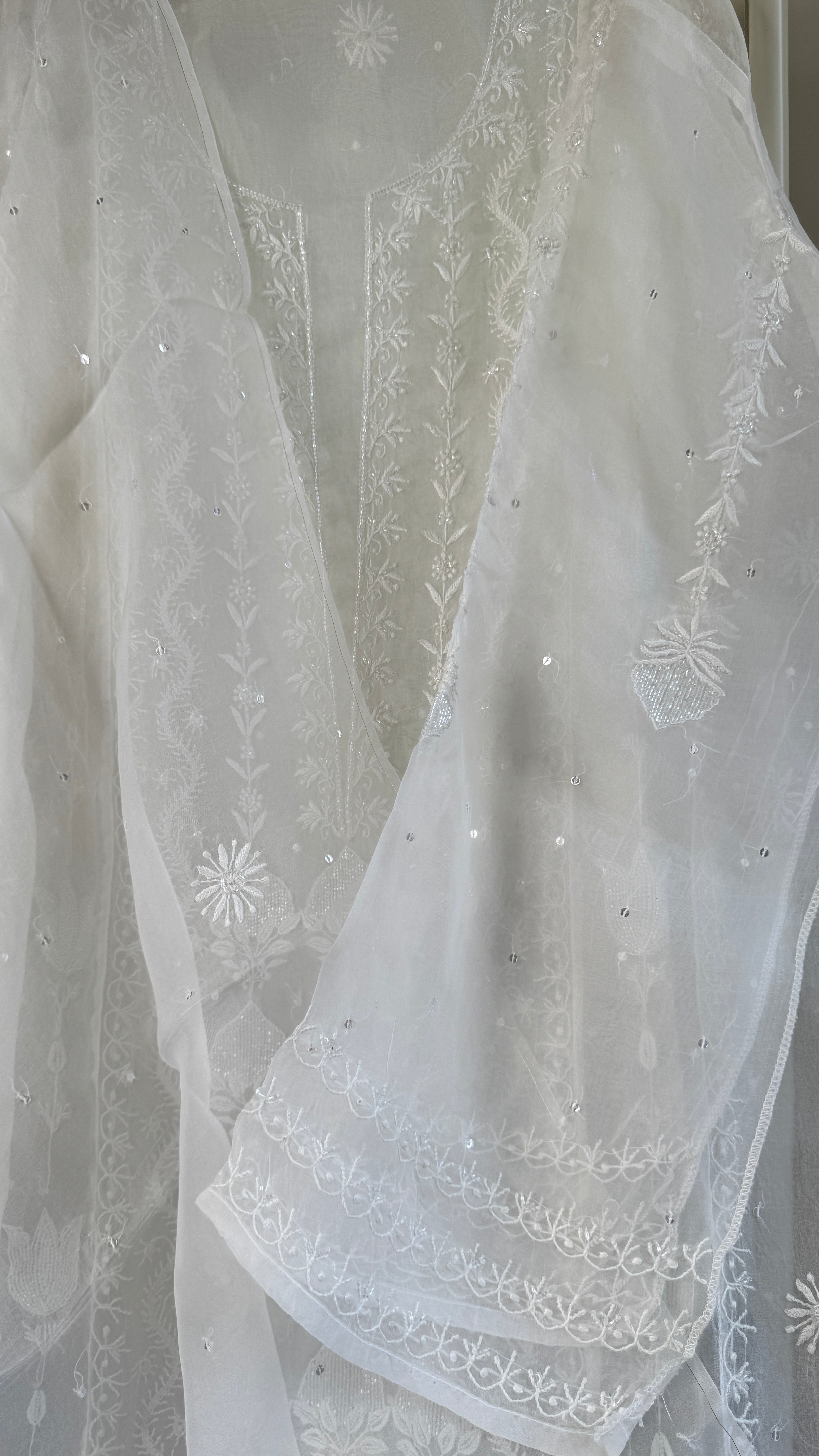 Organza Chikankari Length with Dupatta (Pearl Work) - White