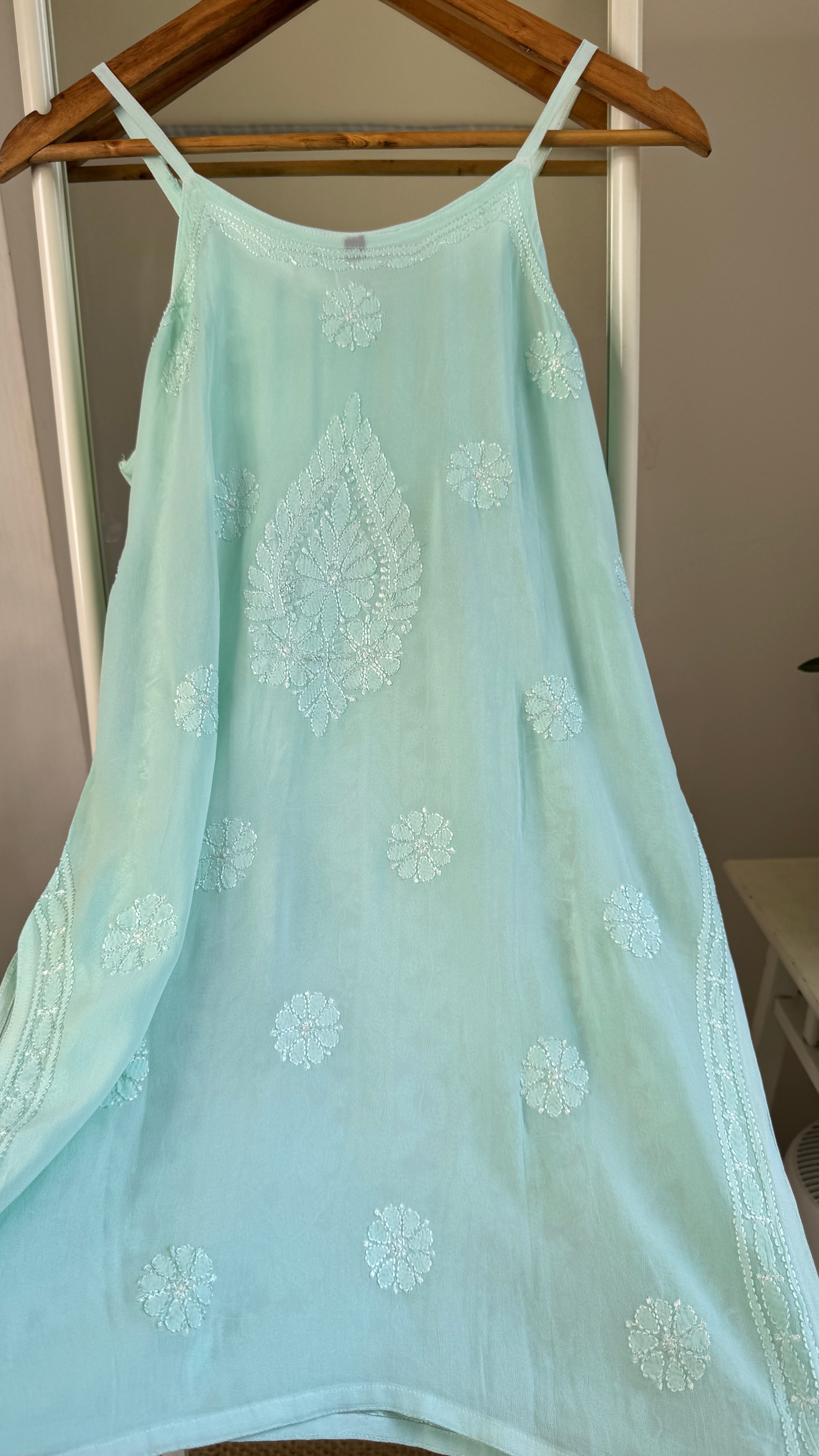 Chikankari Noodle Strap Top in Sea Green