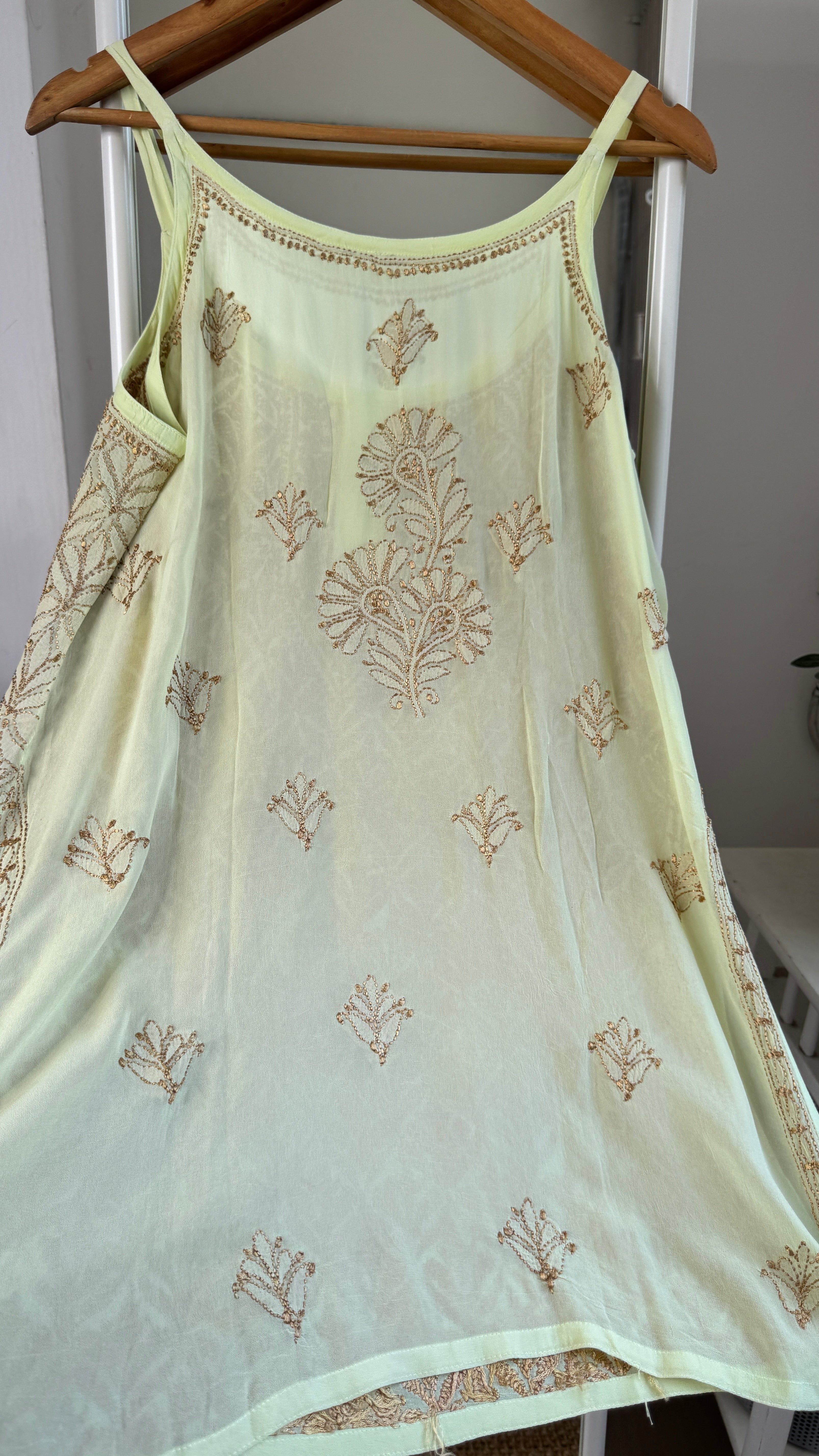 Chikankari Noodle Strap short Top in Green - Multi Colour thread