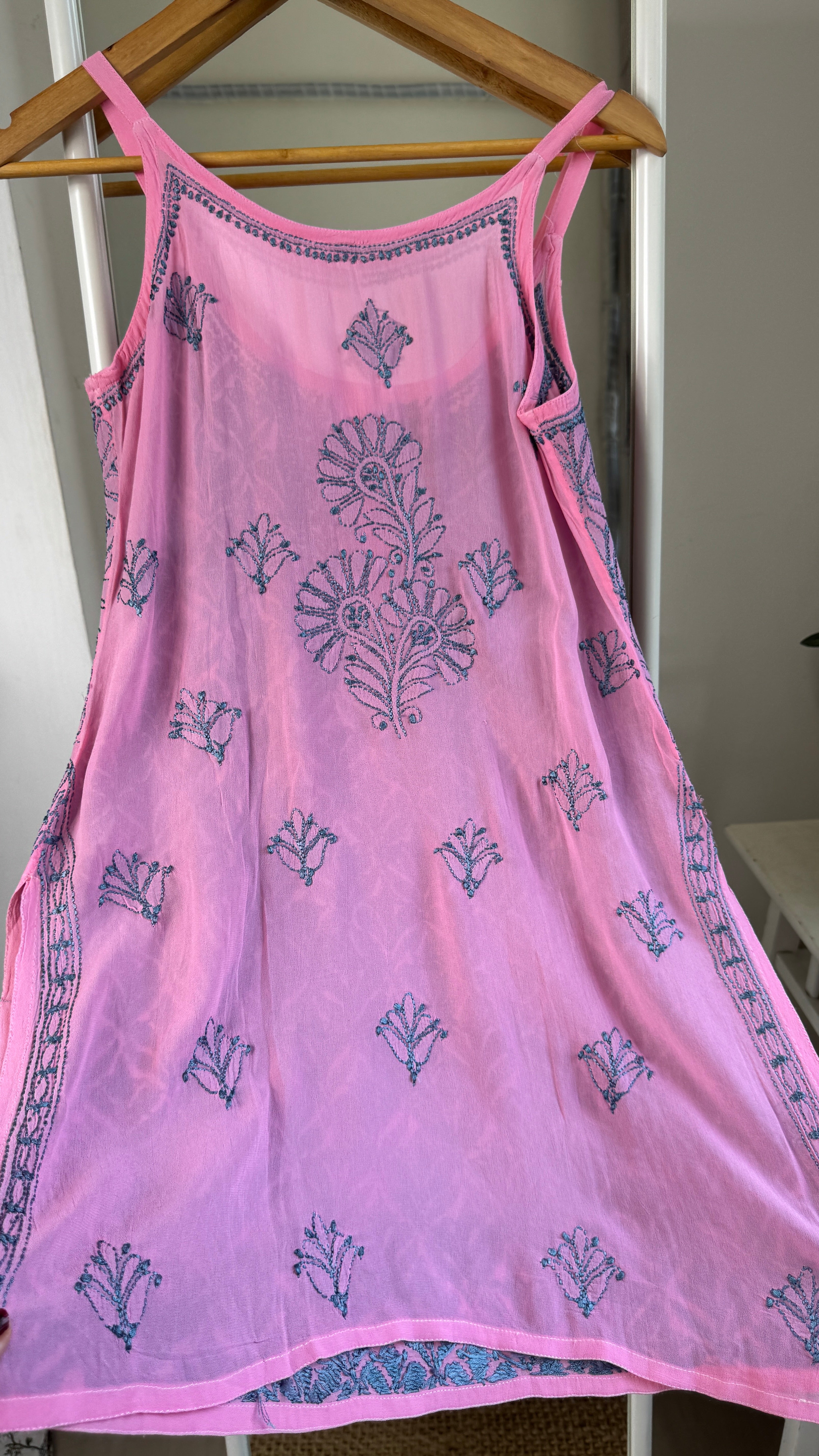 Chikankari Noodle Strap short Top in Pink - Multi Colour thread