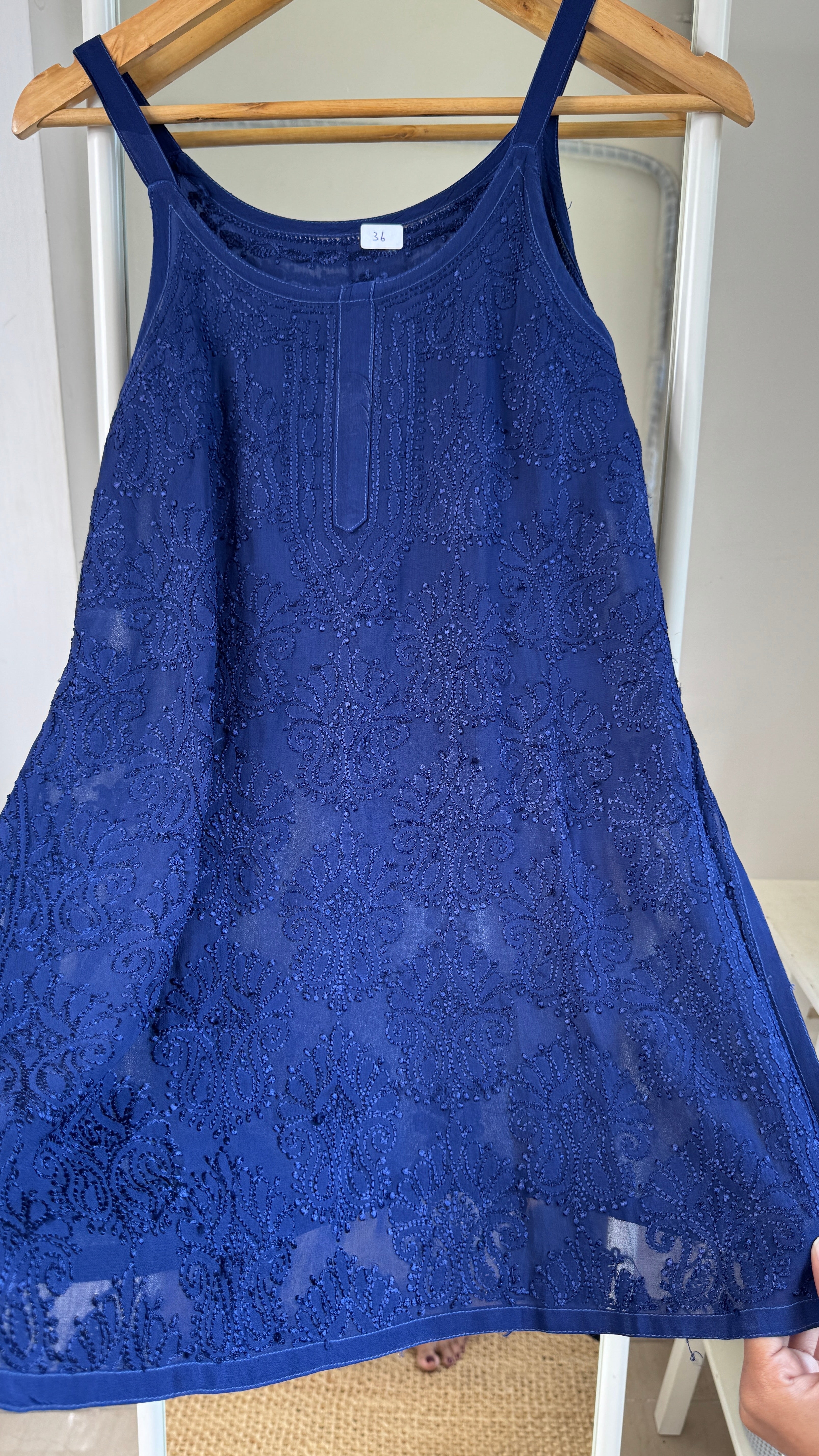 Chikankari Noodle Strap Top in Navy Blue