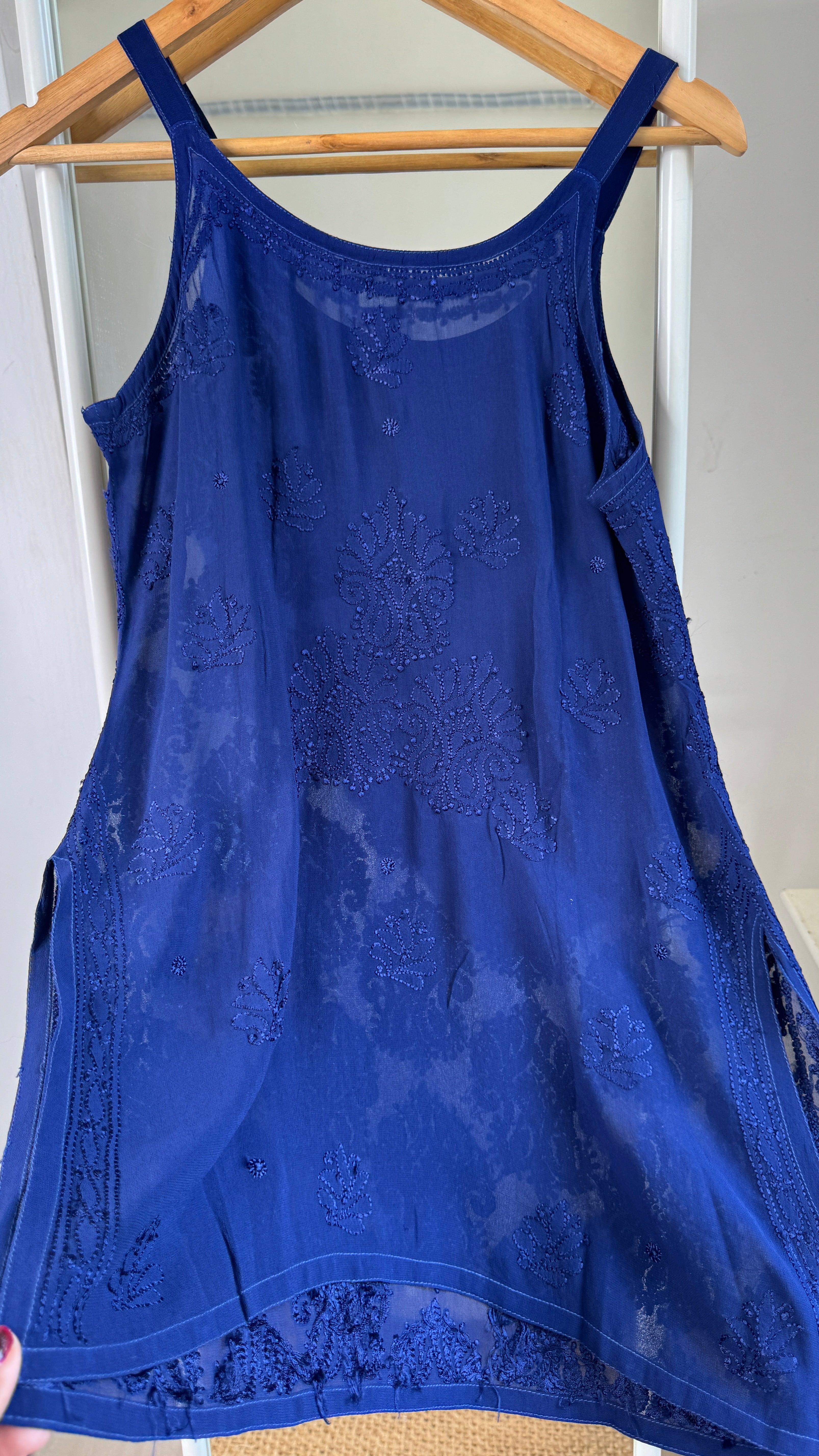 Chikankari Noodle Strap Top in Navy Blue