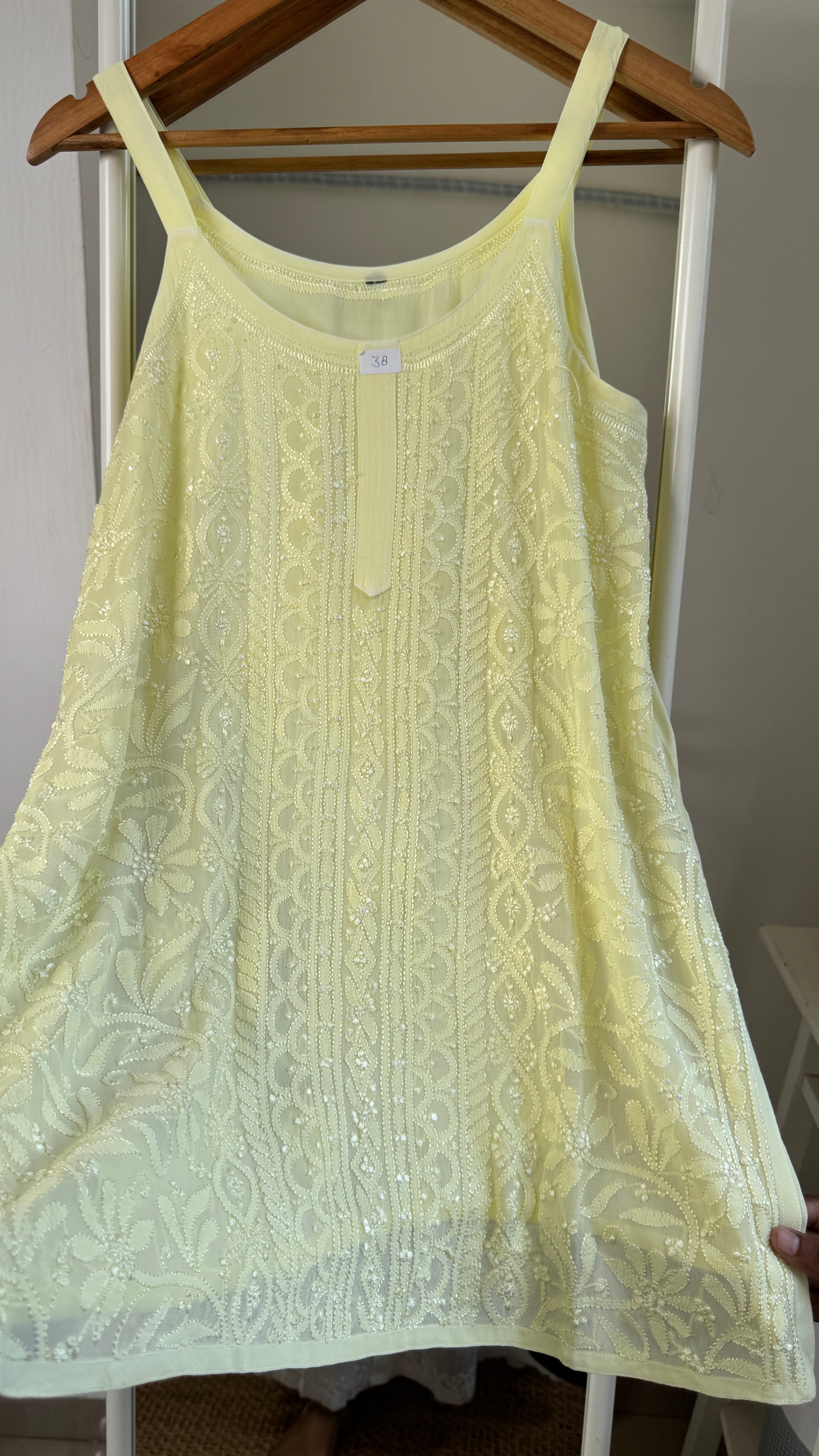 Chikankari Noodle Strap short Top in Lemon Yellow