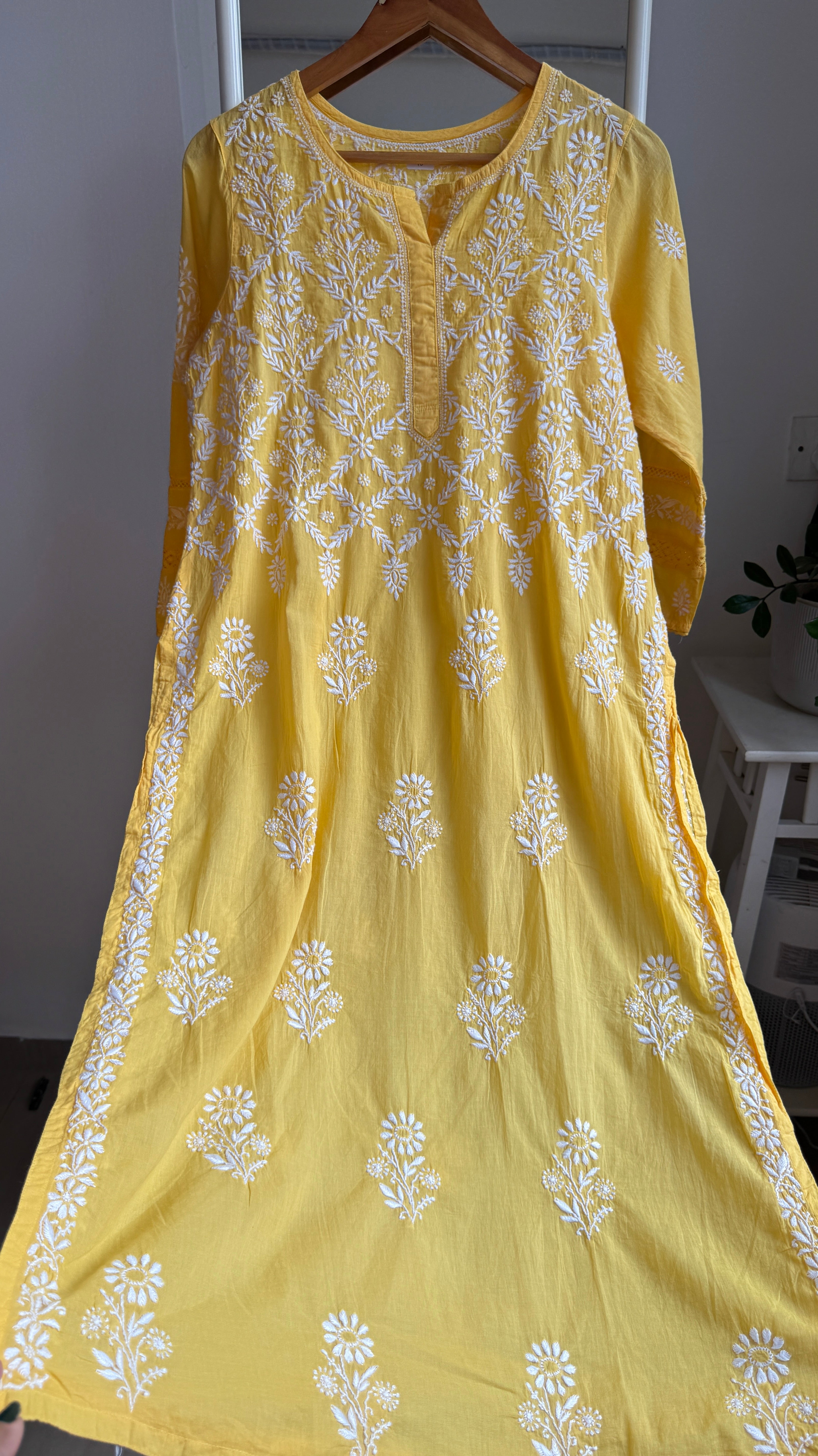 Mul Cotton Yellow Chikankari Kurti - Bela Collection