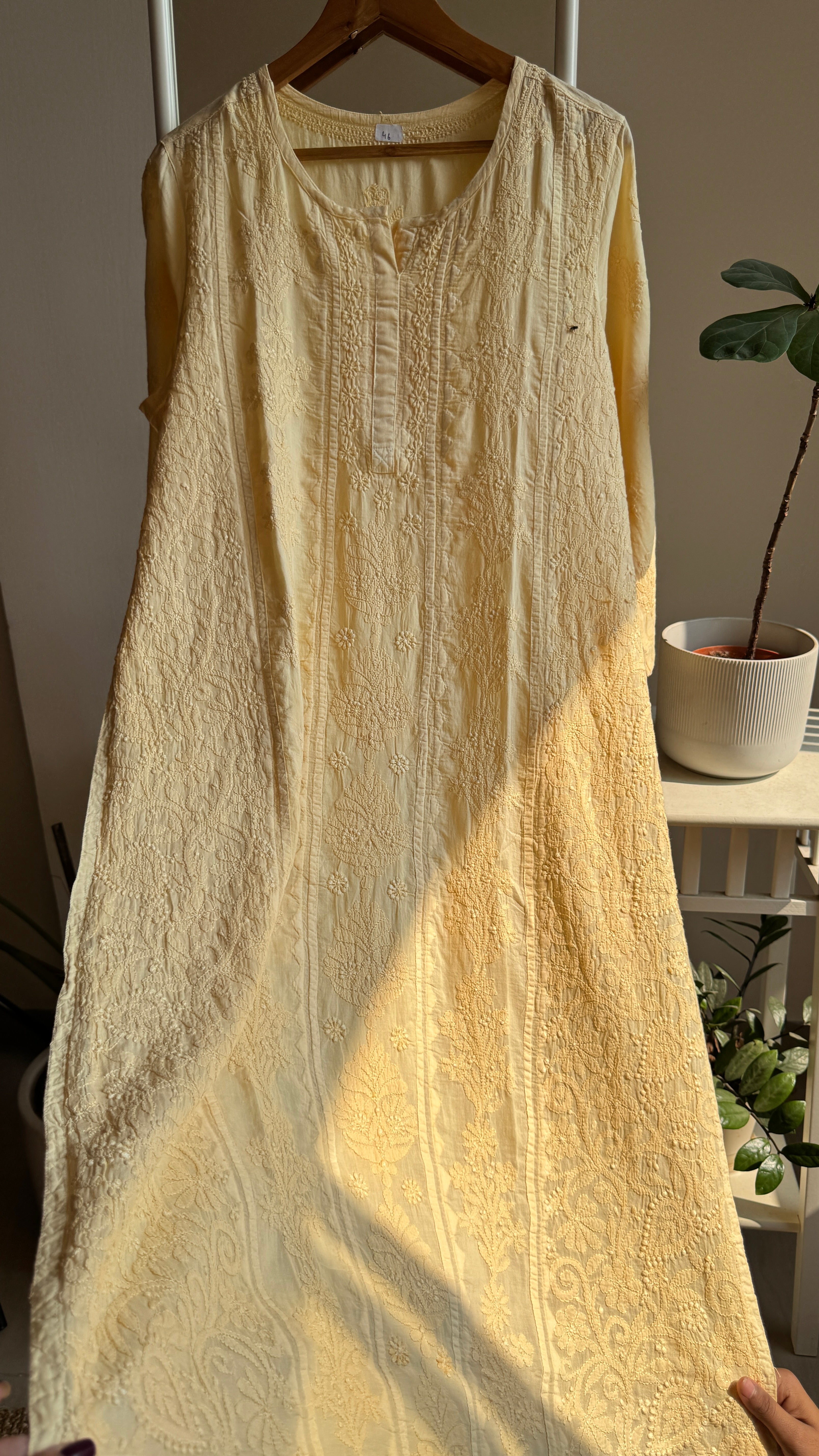 Mul Cotton Cream Yellow Chikankari Kurti - Bela Collection