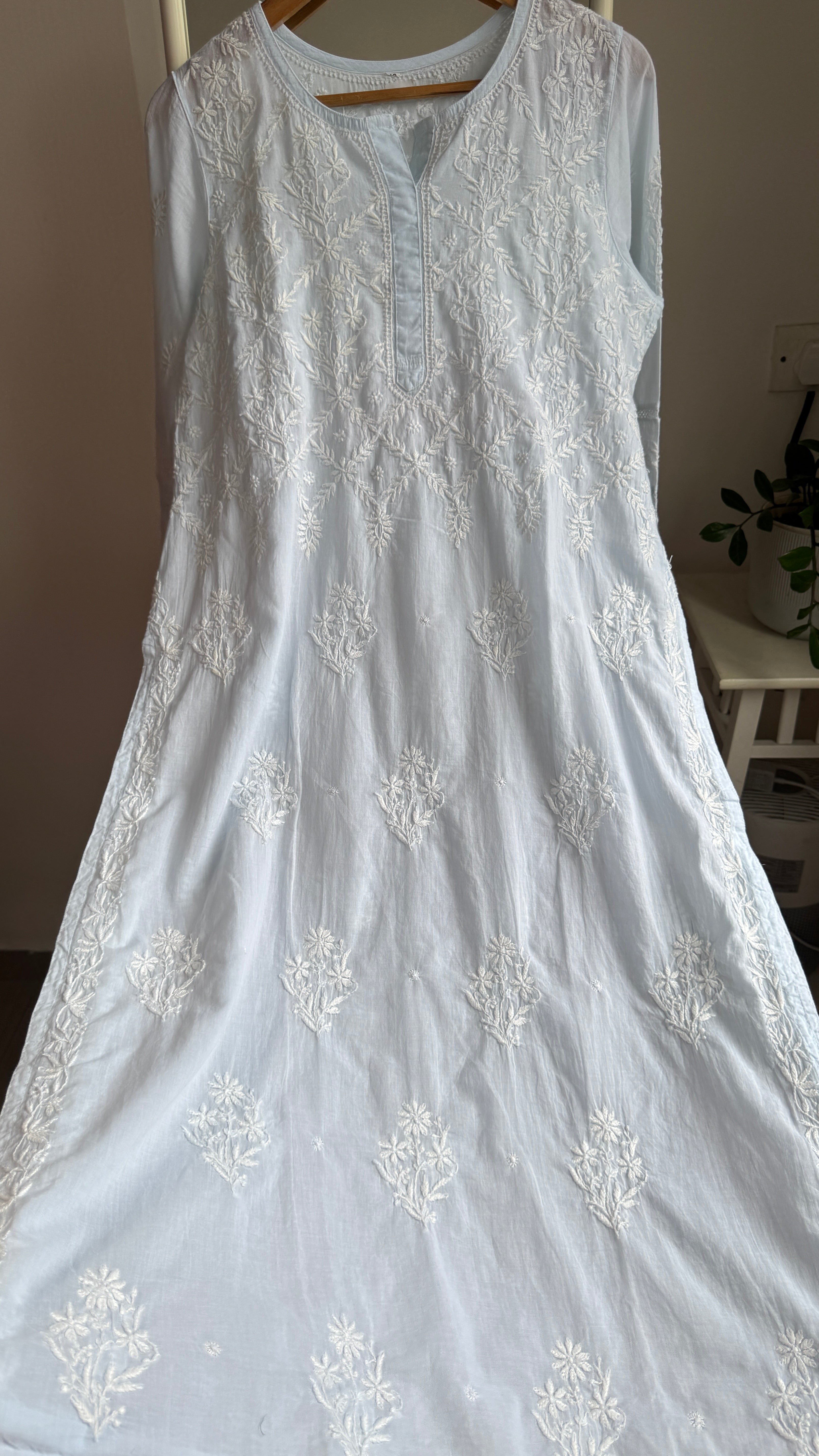Mul Cotton Baby Blue Chikankari Kurti - Bela Collection