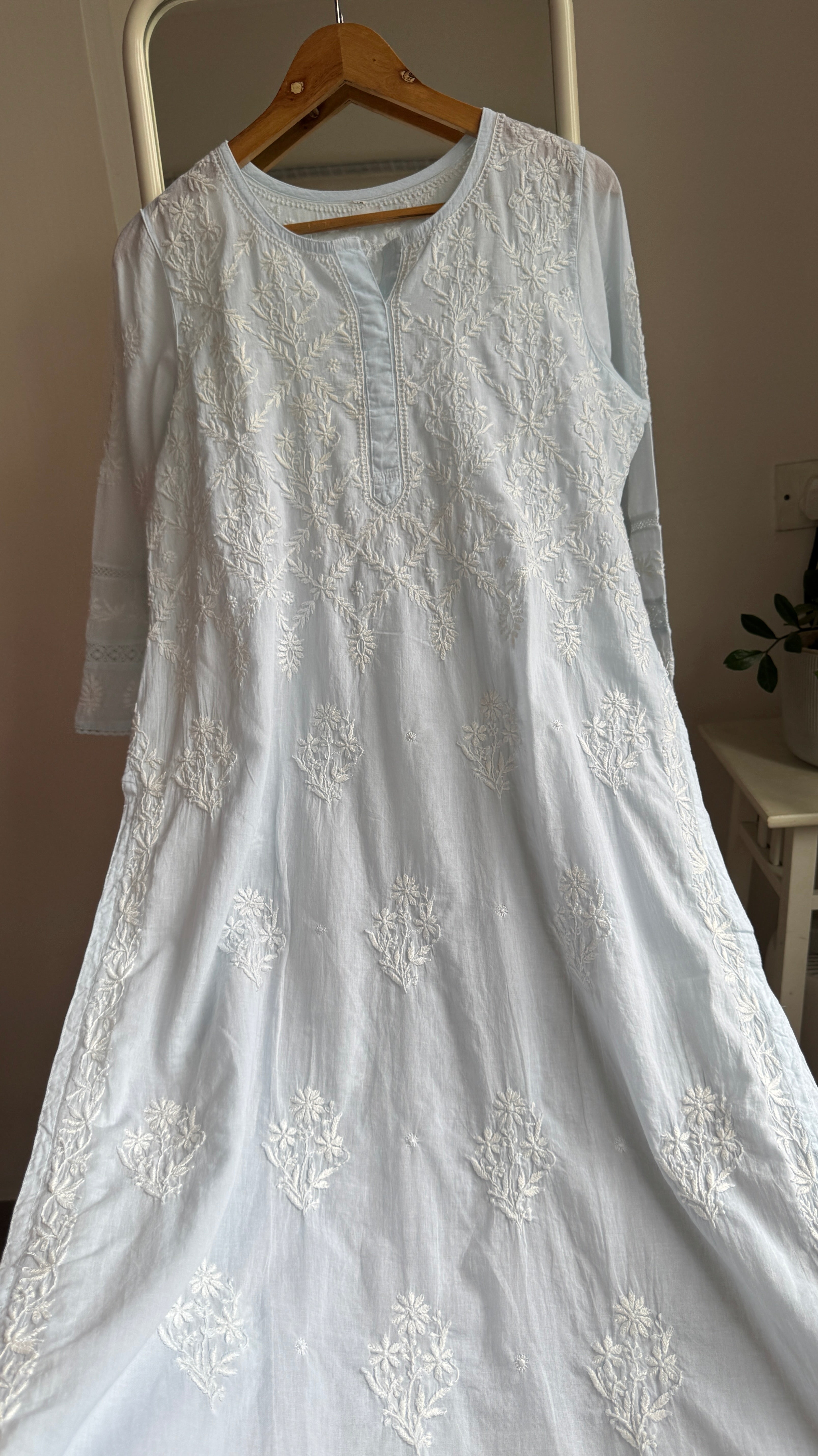 Mul Cotton Baby Blue Chikankari Kurti - Bela Collection